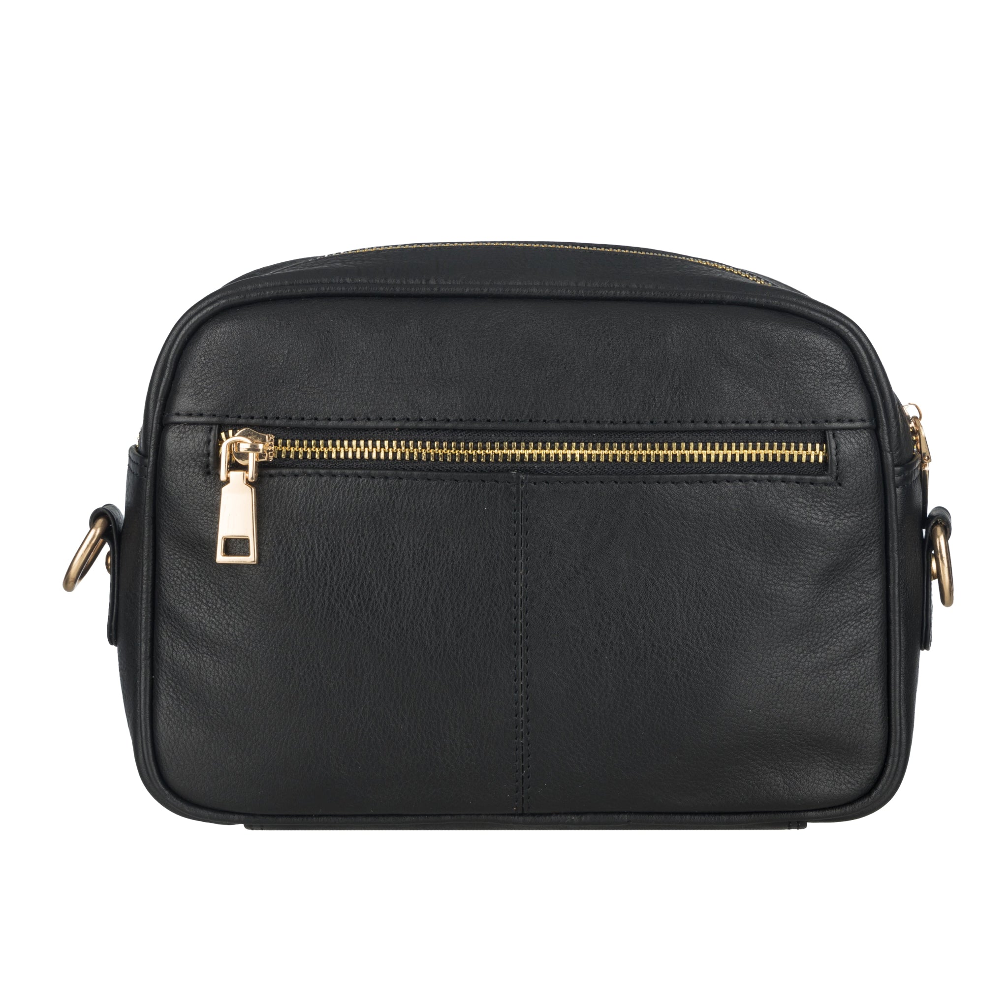 Back view of a black Minori leather crossbody bag featuring a gold zippered pocket and minimal stitching detail.