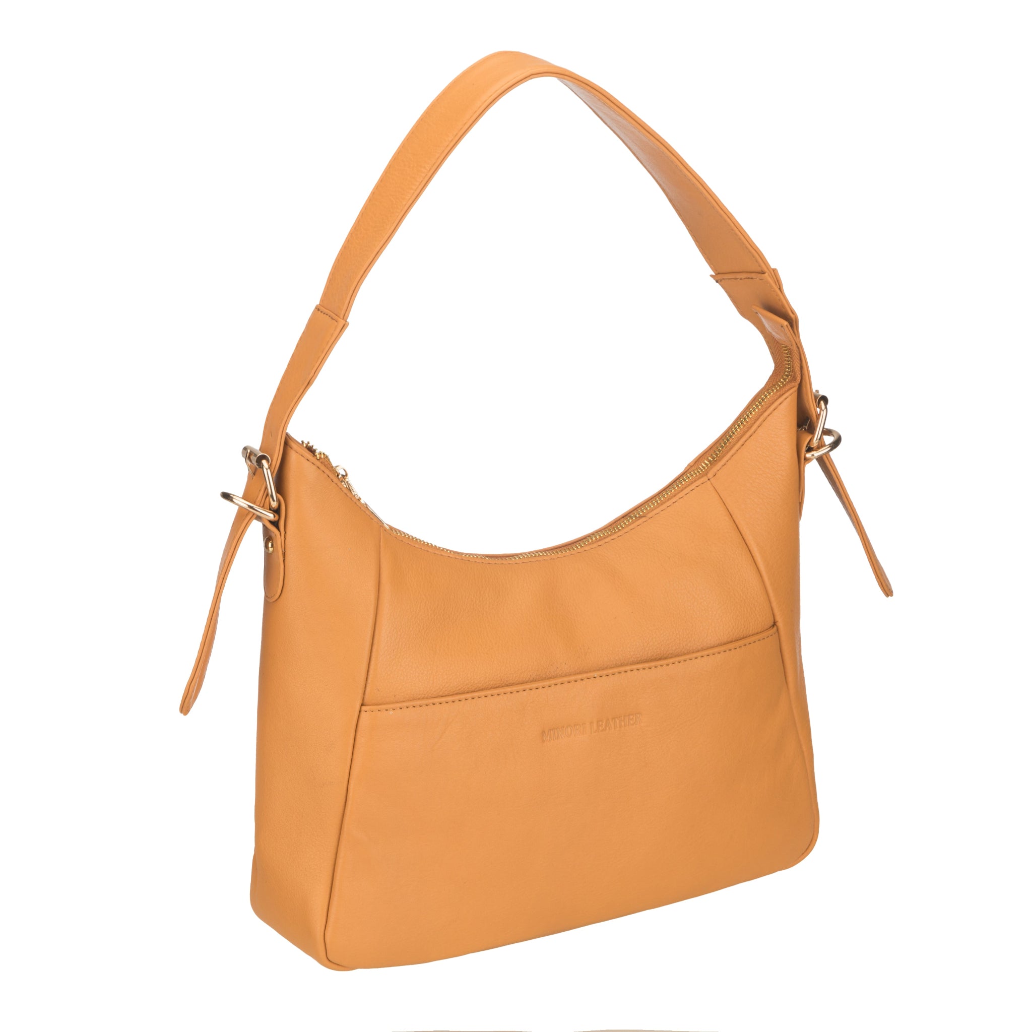 Angled side view of a mustard yellow Minori leather handbag showing the smooth finish and curved top zipper opening.