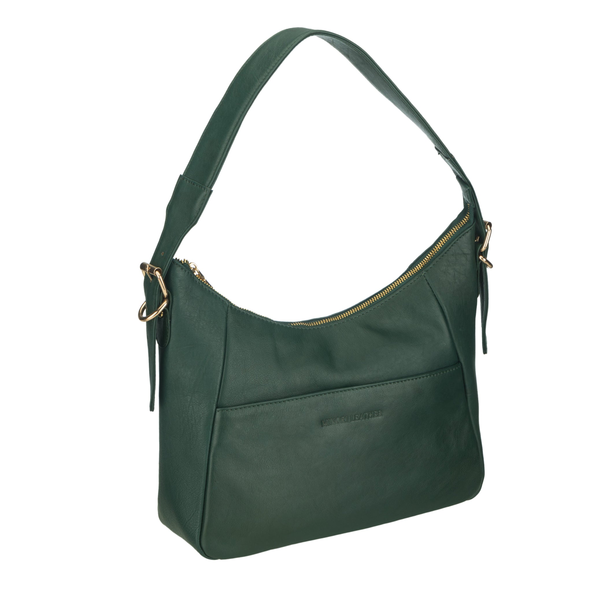 Angled side view of a Forest green nappa Minori leather shoulder bag showing its structured silhouette.