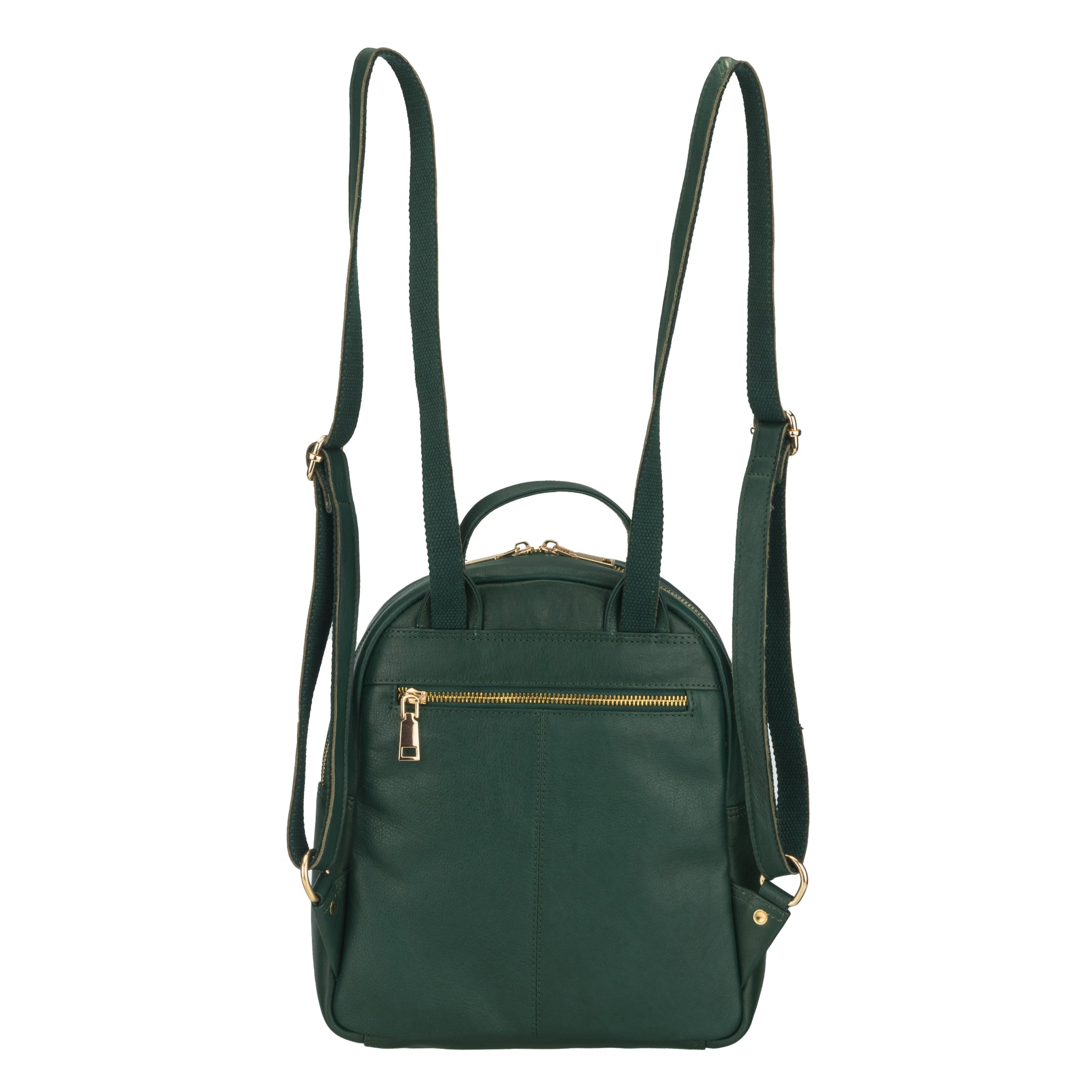 Back view of Forest Green Minori leather backpack with gold zippers on a white background