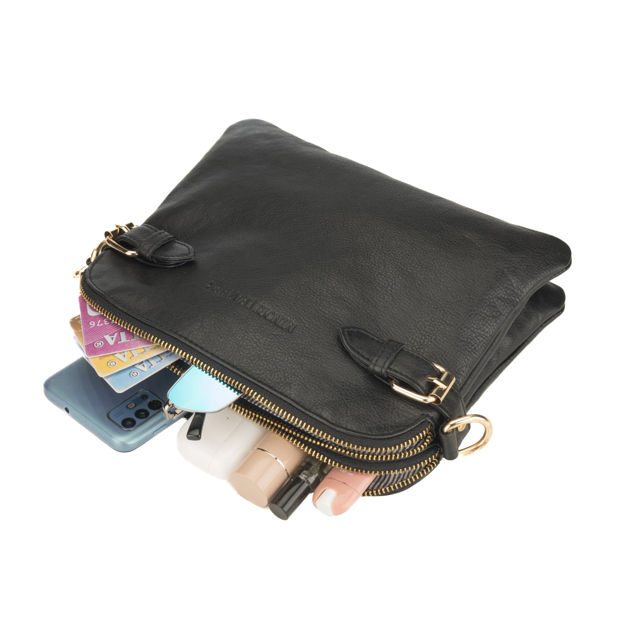 Black Minori leather pouch with gold zipper containing a phone, cards, and a bottle on a white background