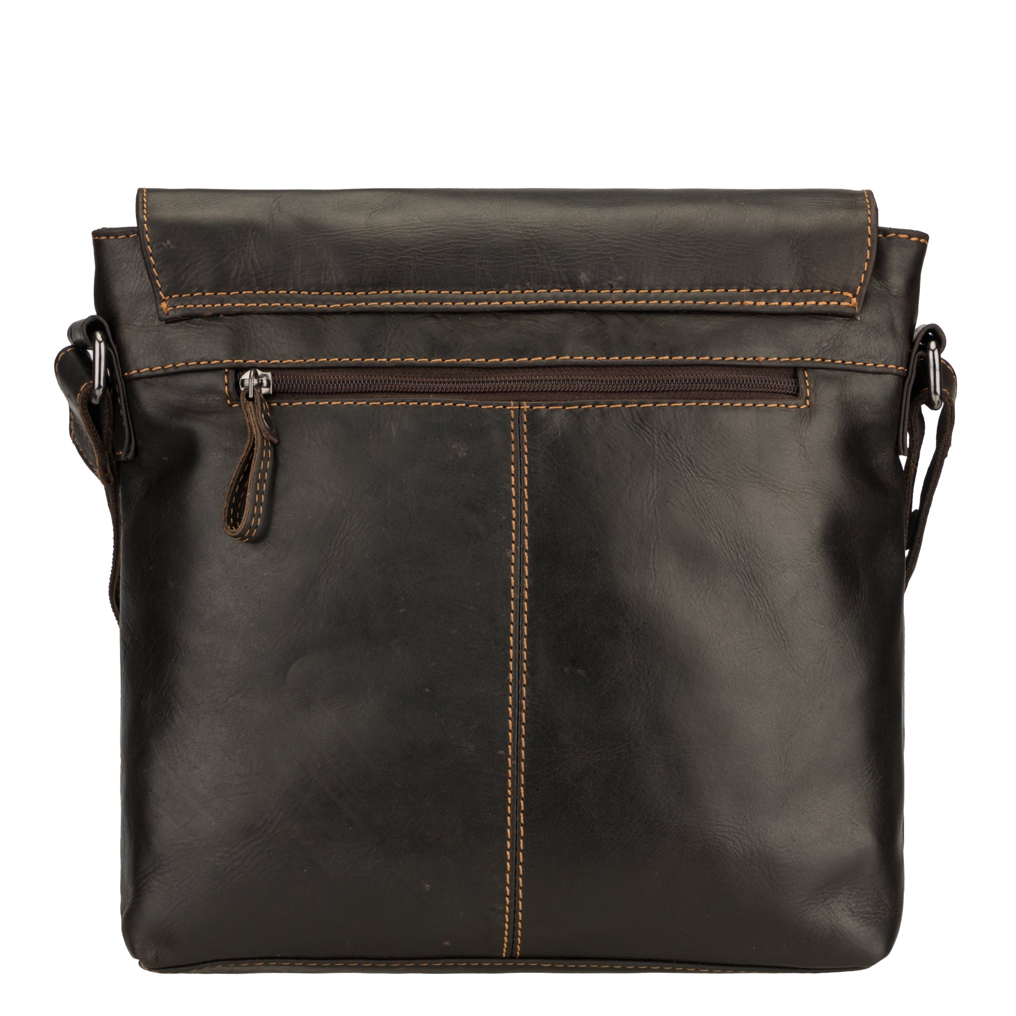 Rear view of a Brown Minori leather bag showcasing a zippered back pocket and clean seam lines.