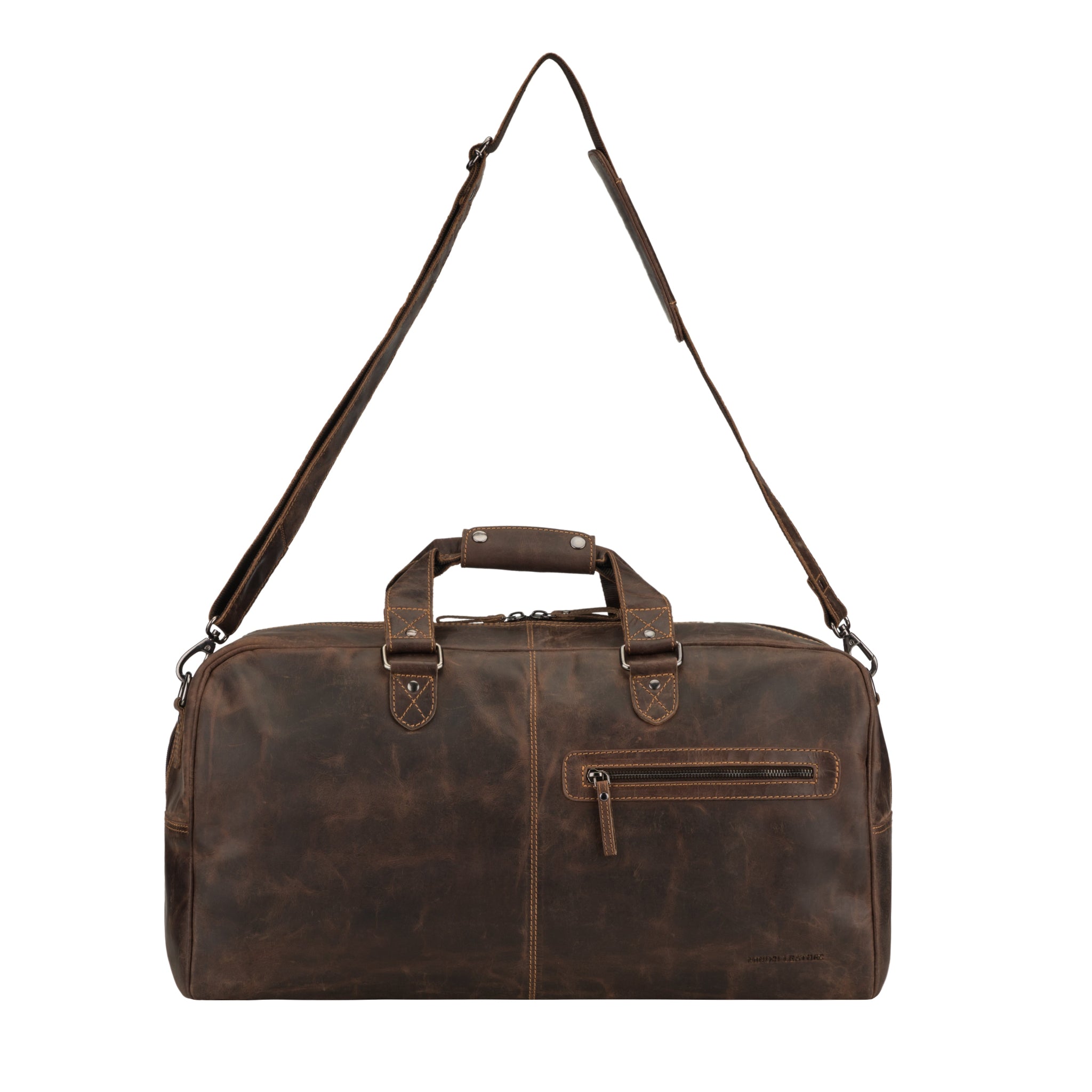 Brown leather duffle bag shown with an extended shoulder strap and top handles, front zipper pocket visible.