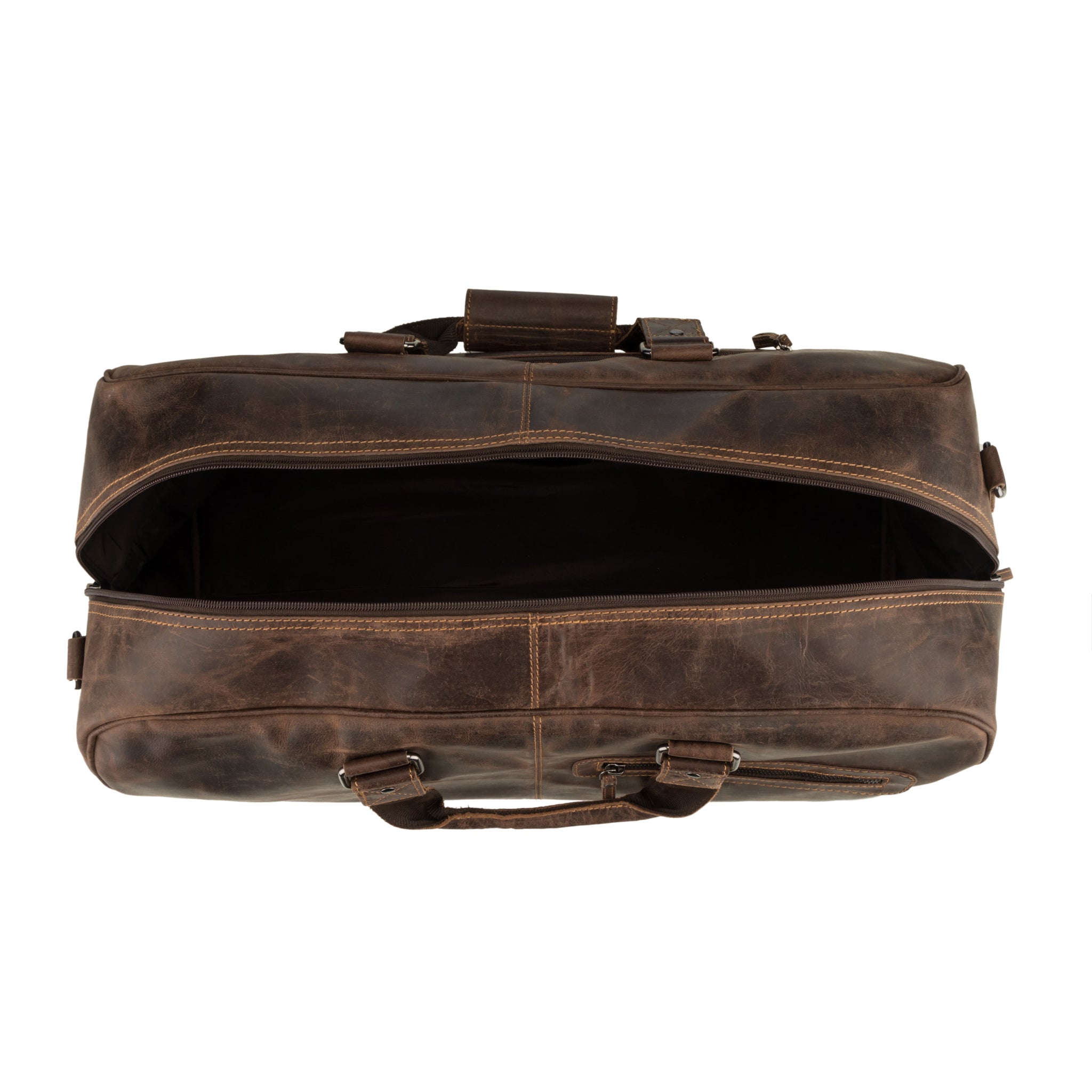Top-down view of the empty interior of a brown Minori leather duffle bag, showing spacious and dark fabric lining.
