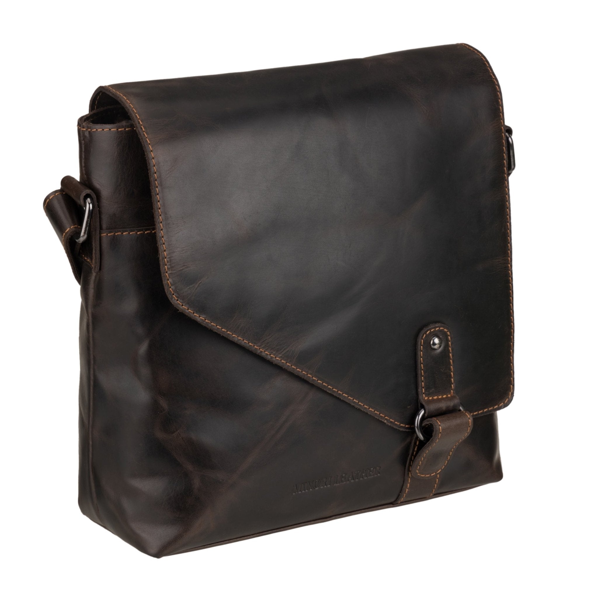 Brown Noah leather crossbody satchel bag by Minori Leather with adjustable strap and stylish design.