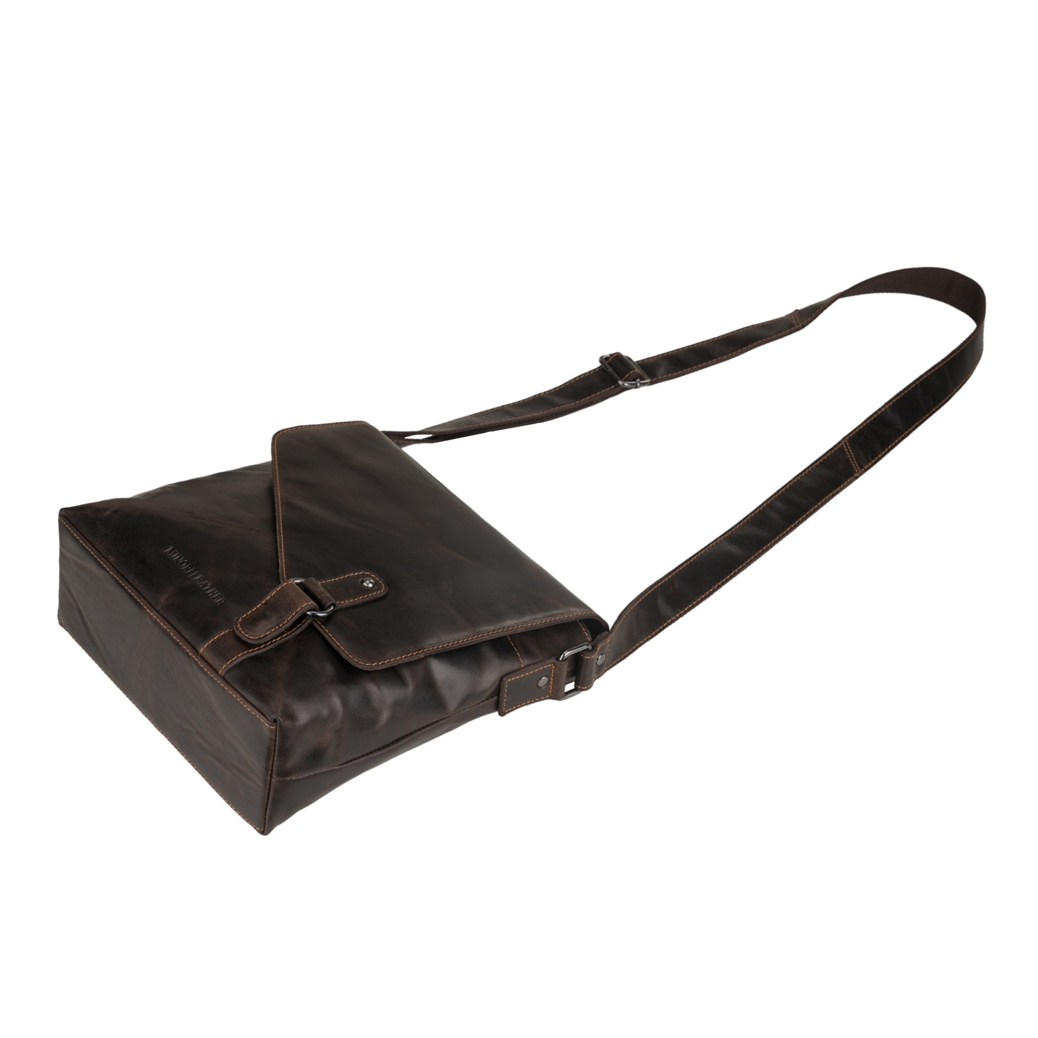 Minori Leather Noah brown leather crossbody satchel bag with adjustable strap and sleek design.