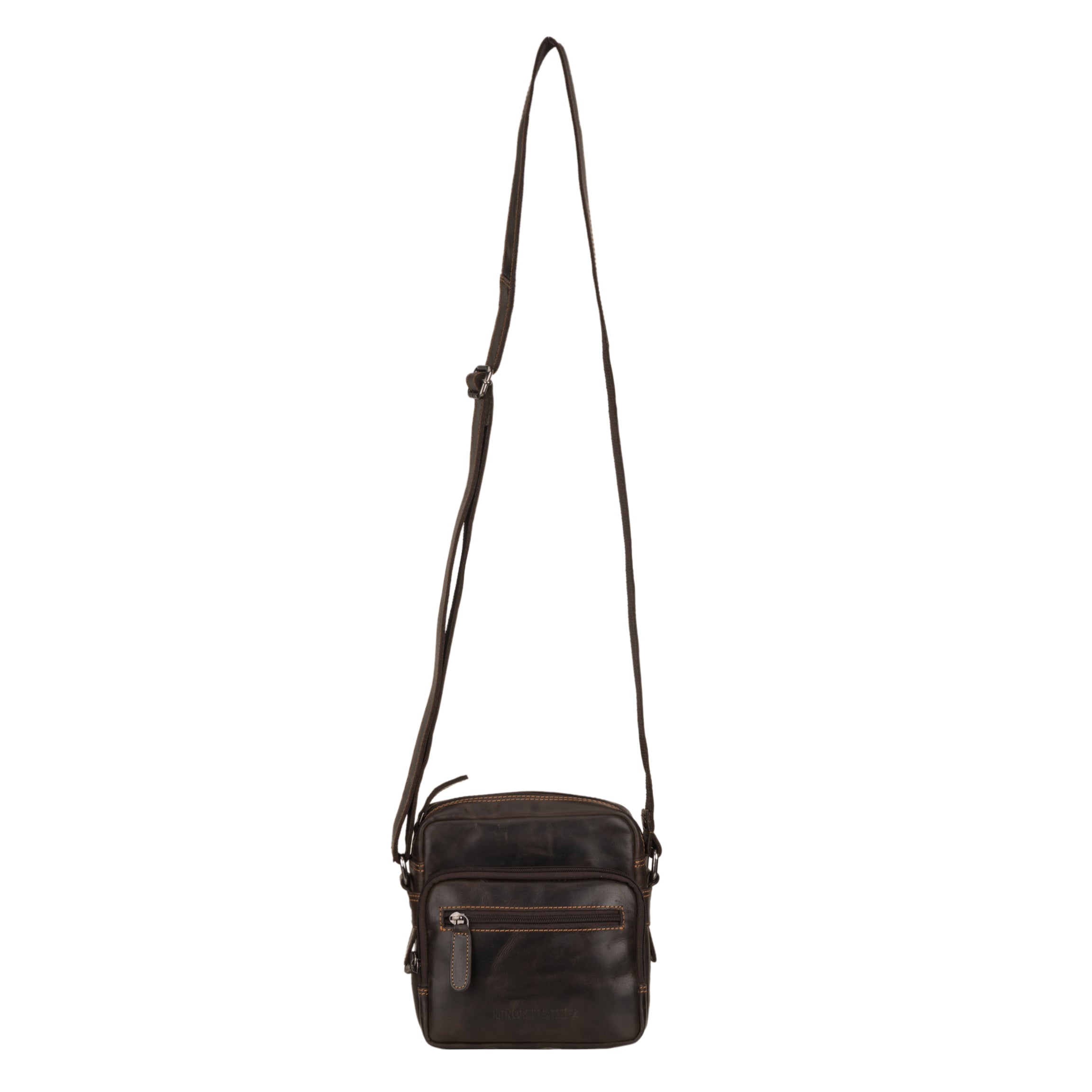 Minori Leather Cove brown leather crossbody bag with adjustable strap and minimalist design.
