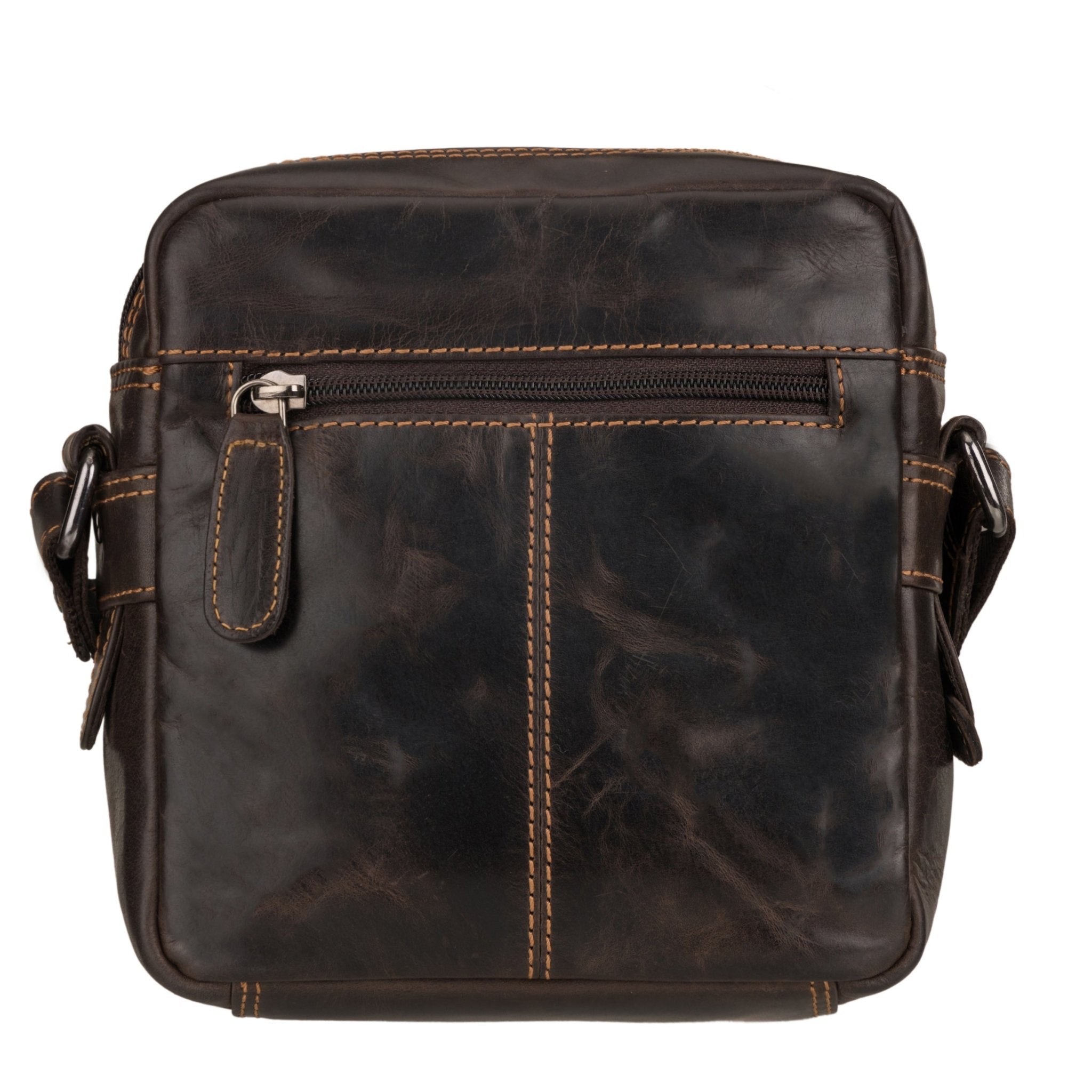 Minori Leather Cove brown leather crossbody bag with adjustable strap and compact design, showing detailed stitching and sleek style.