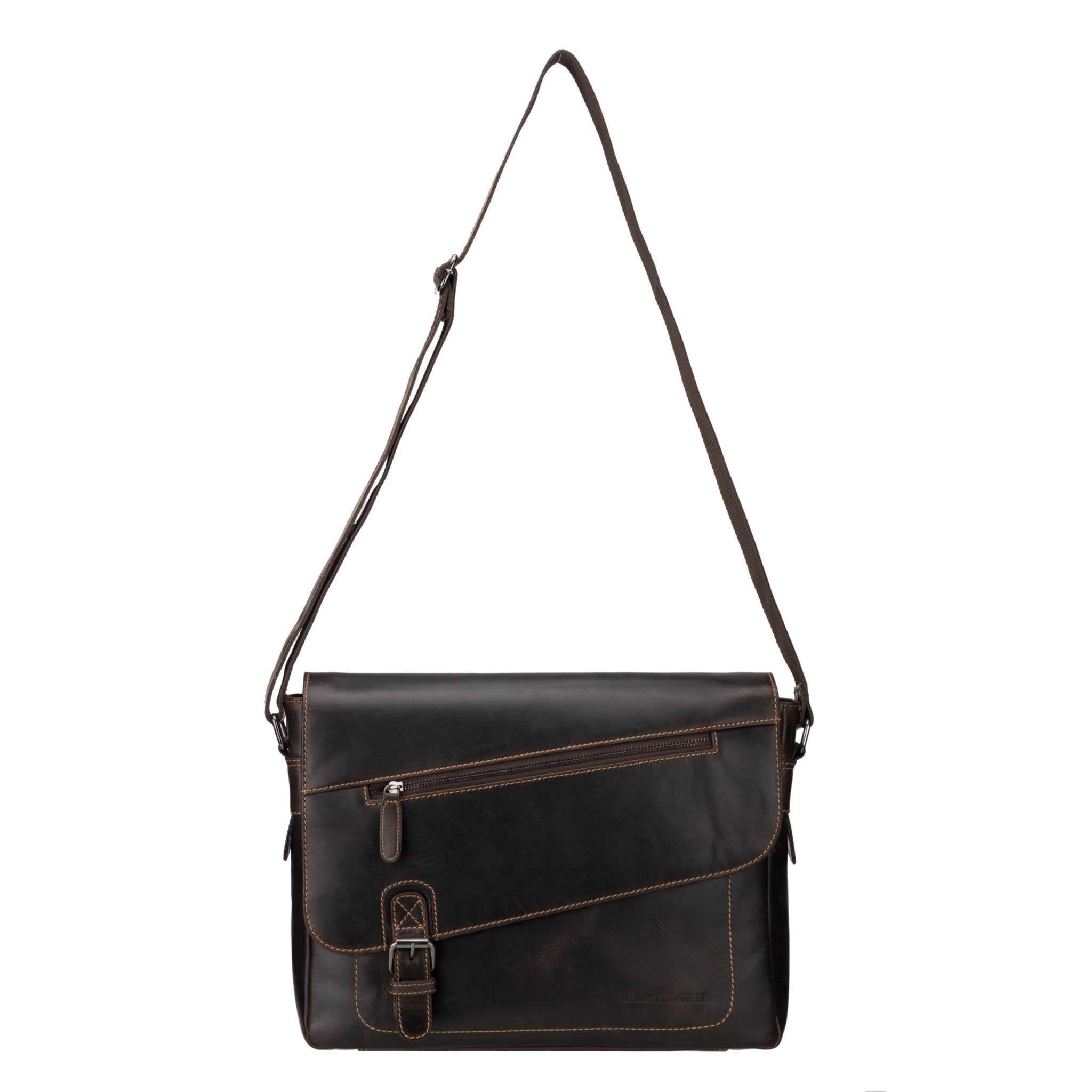 Brown premium leather messenger laptop bag for 14-inch computers by Minori Leather, featuring a stylish Chicago design.