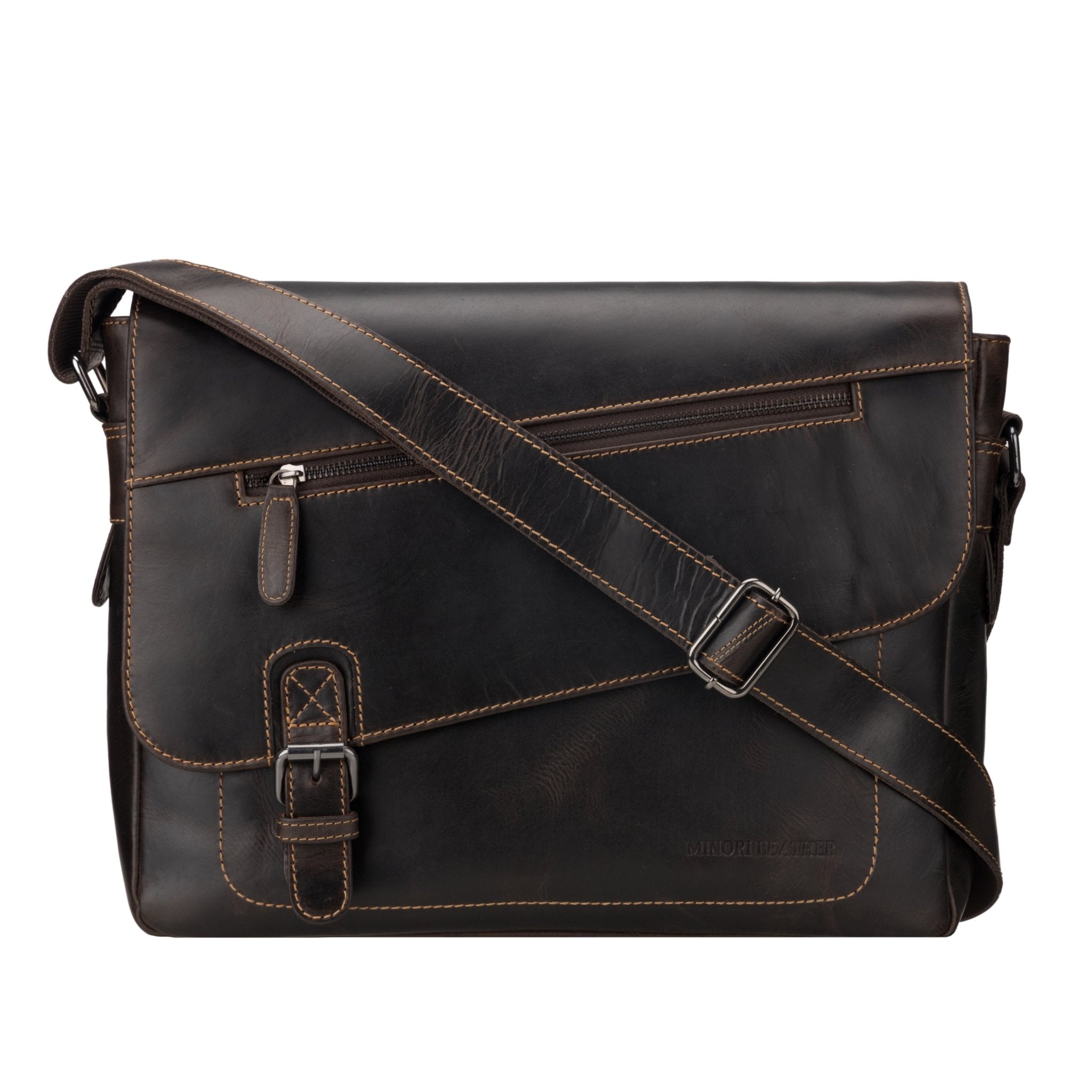 Chicago Leather Messenger Bag 14" – Unisex – Brown - Minori Leather