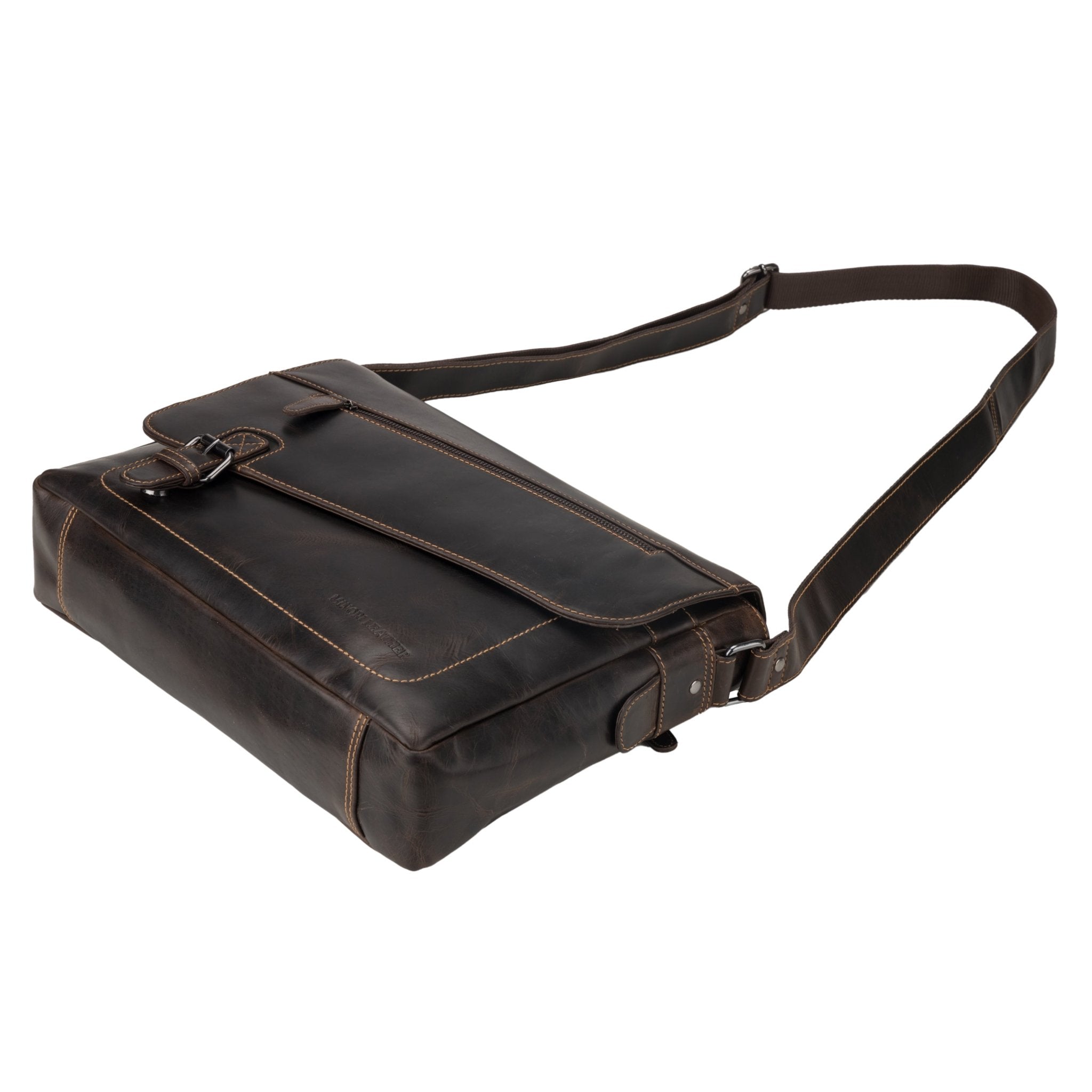 Brown Minori Leather 14-inch messenger laptop bag with premium leather finish and sturdy shoulder strap.