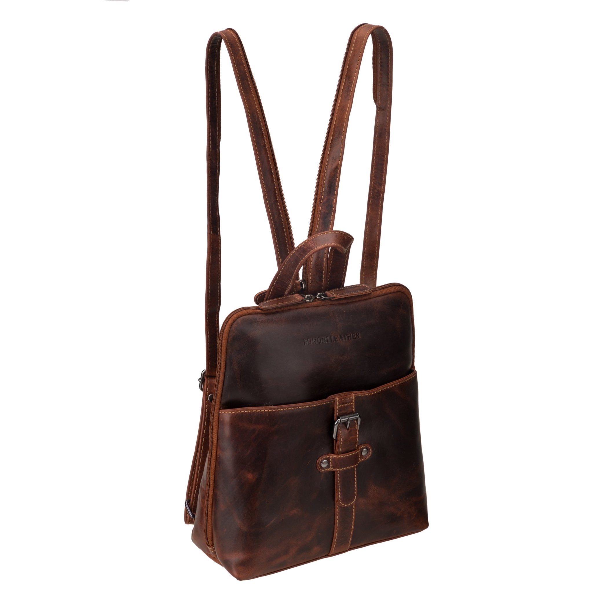 Minori Leather Isla leather backpack for women in chestnut with adjustable straps and spacious interior, ideal for everyday use.