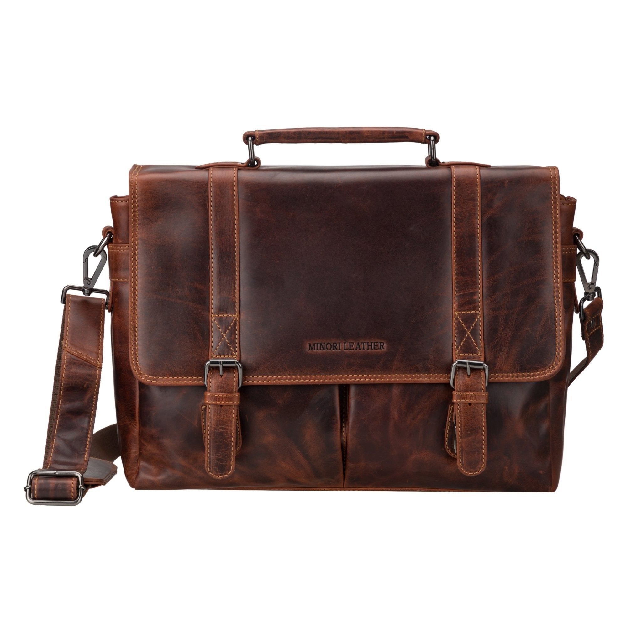 Boston Leather Briefcase Bag 16" – Unisex – Chestnut - Minori Leather