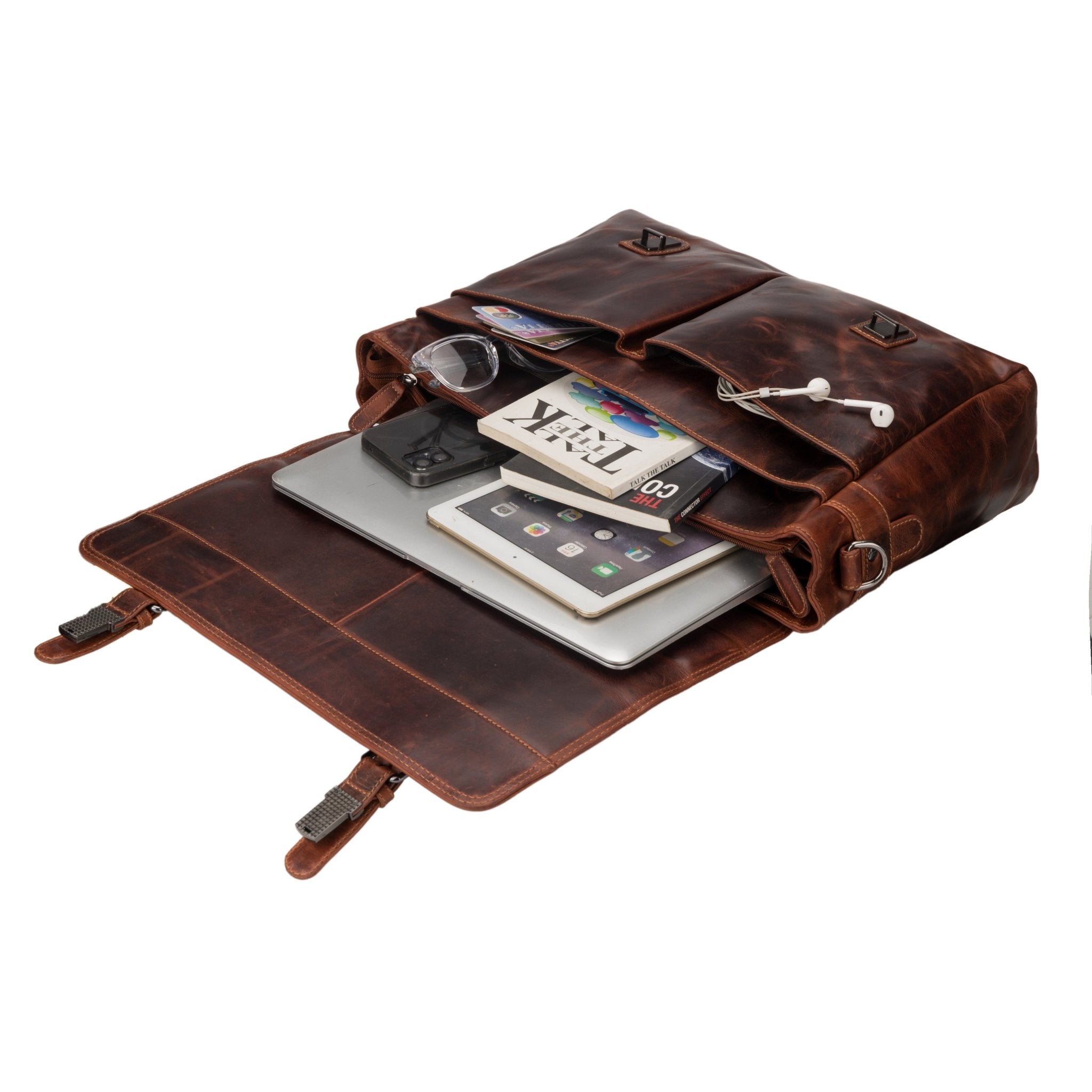 Boston Leather Briefcase Bag 16" – Unisex – Chestnut - Minori Leather