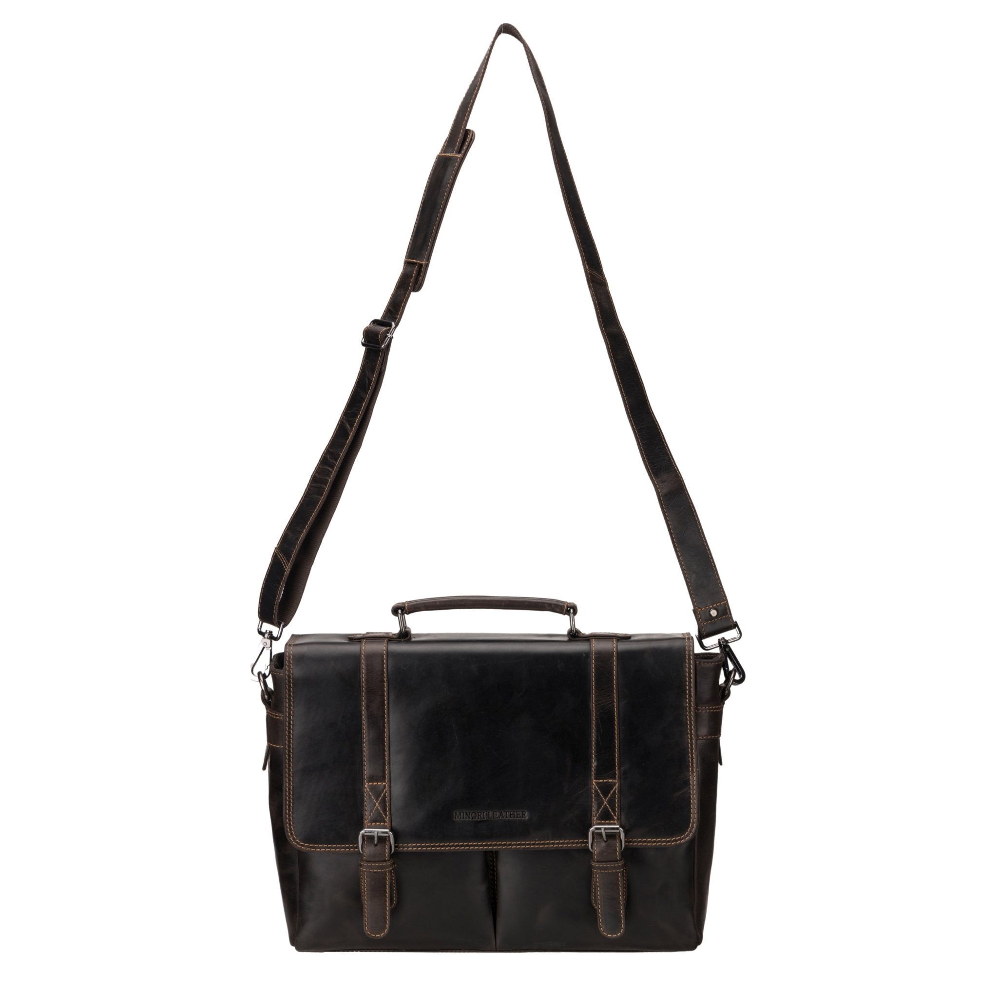 Brown Boston leather briefcase bag by Minori Leather, 16-inch unisex professional briefcase with sturdy handles and classic design.