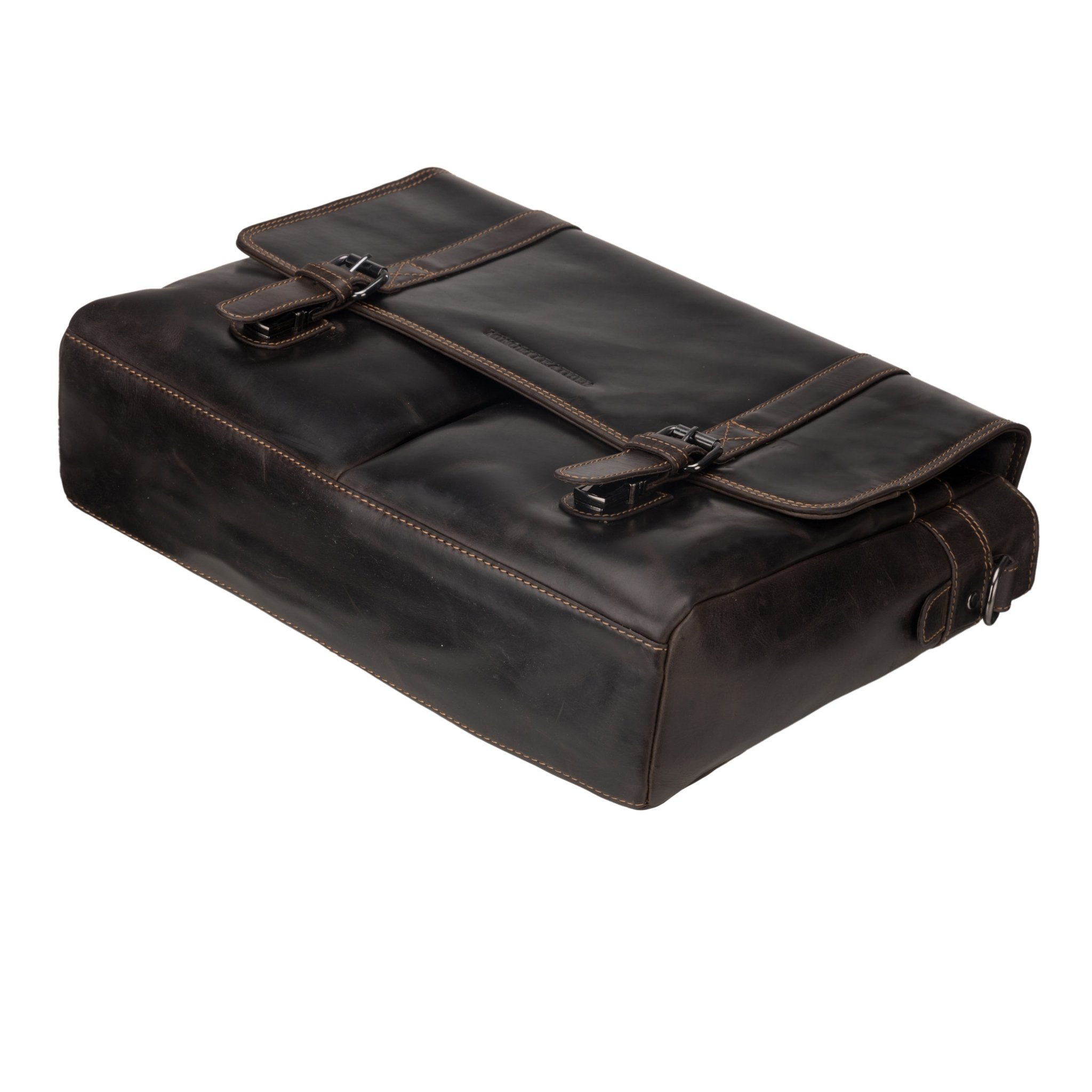 Brown Boston leather briefcase bag by Minori Leather, 16-inch unisex design with sturdy handles and sleek professional style.