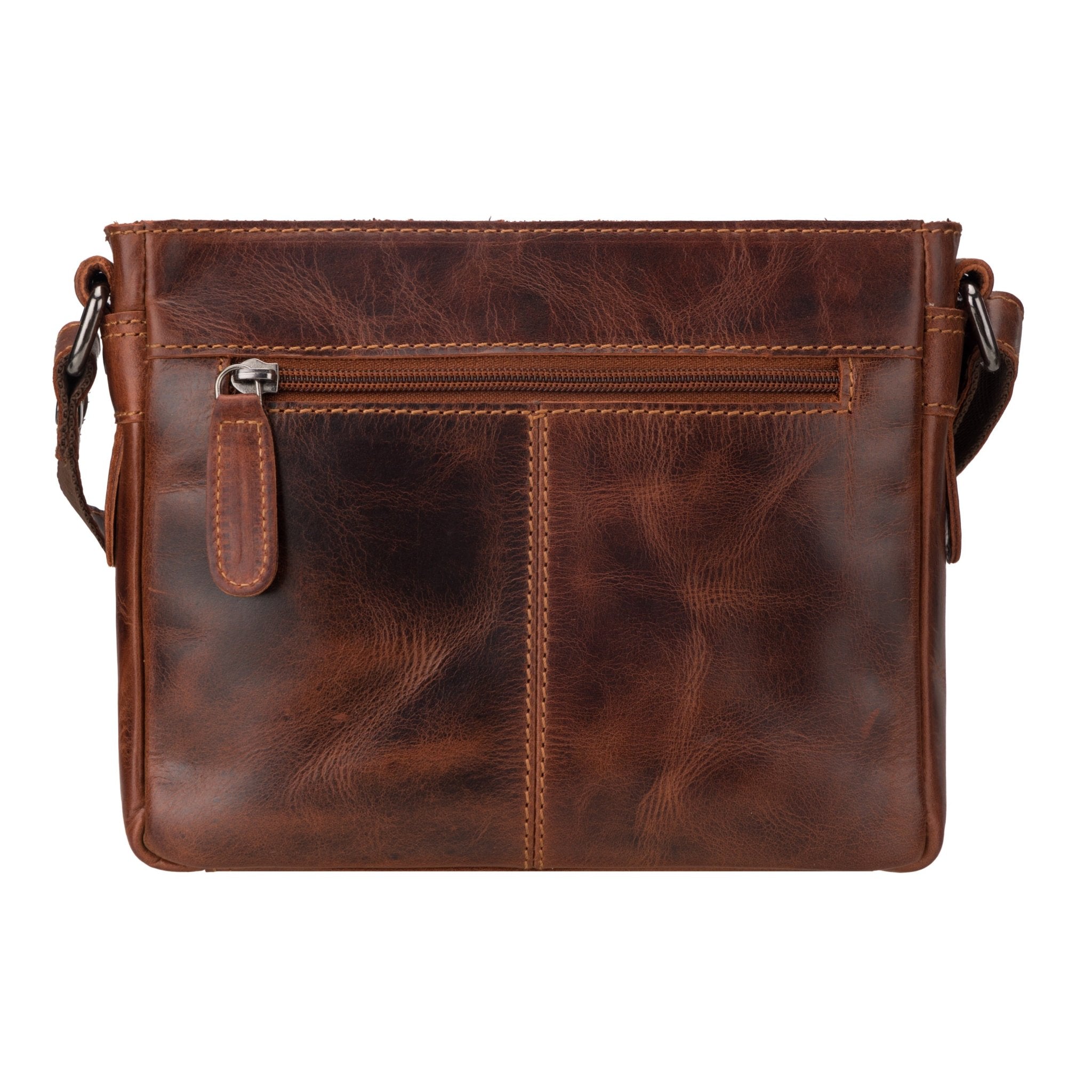 Minori Leather Kingston unisex chestnut leather crossbody bag with adjustable strap and sleek design.