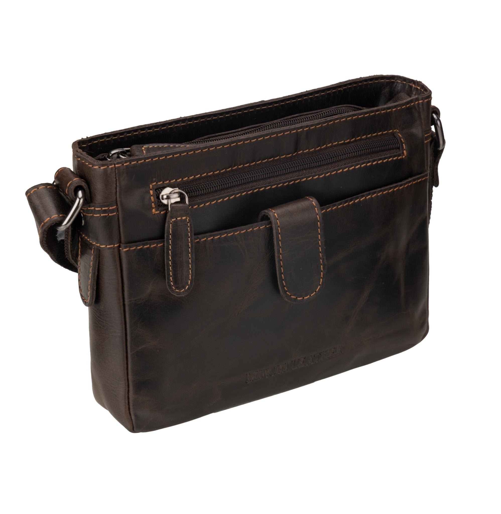 Minori Leather brown unisex leather crossbody bag with adjustable strap and sleek design.