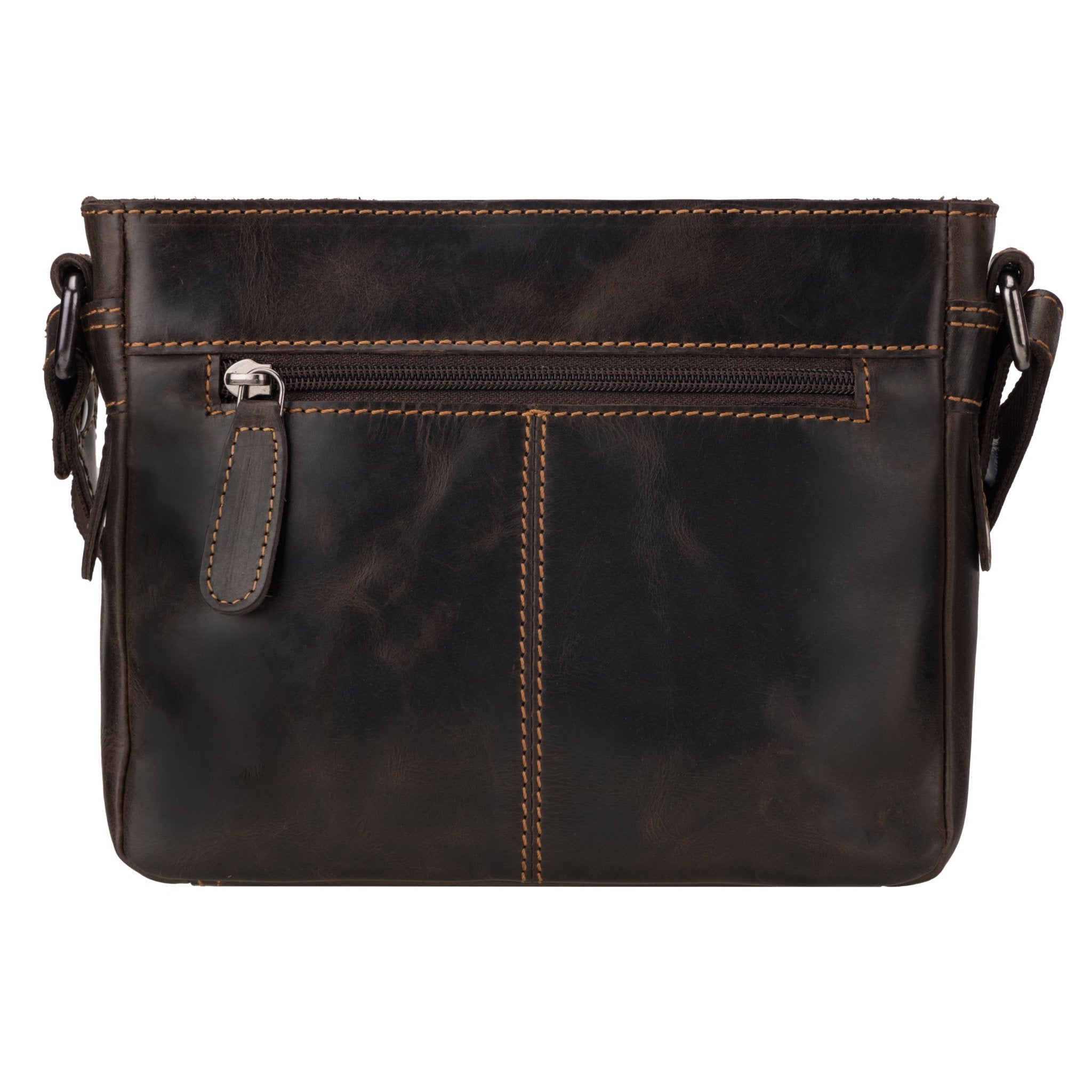 Brown Kingston leather crossbody bag by Minori Leather, unisex design with adjustable strap and sleek stitched detailing.