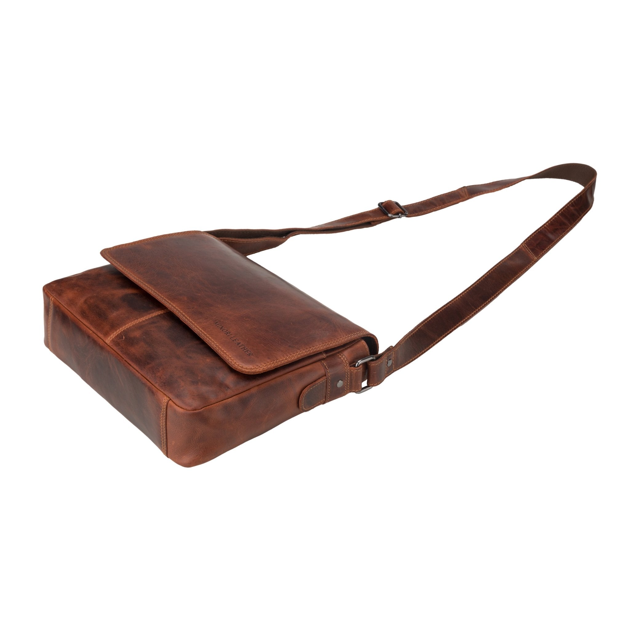 Minori Leather Austin leather satchel bag, 11-inch chestnut crossbody bag for men and women, featuring smooth leather and adjustable strap.