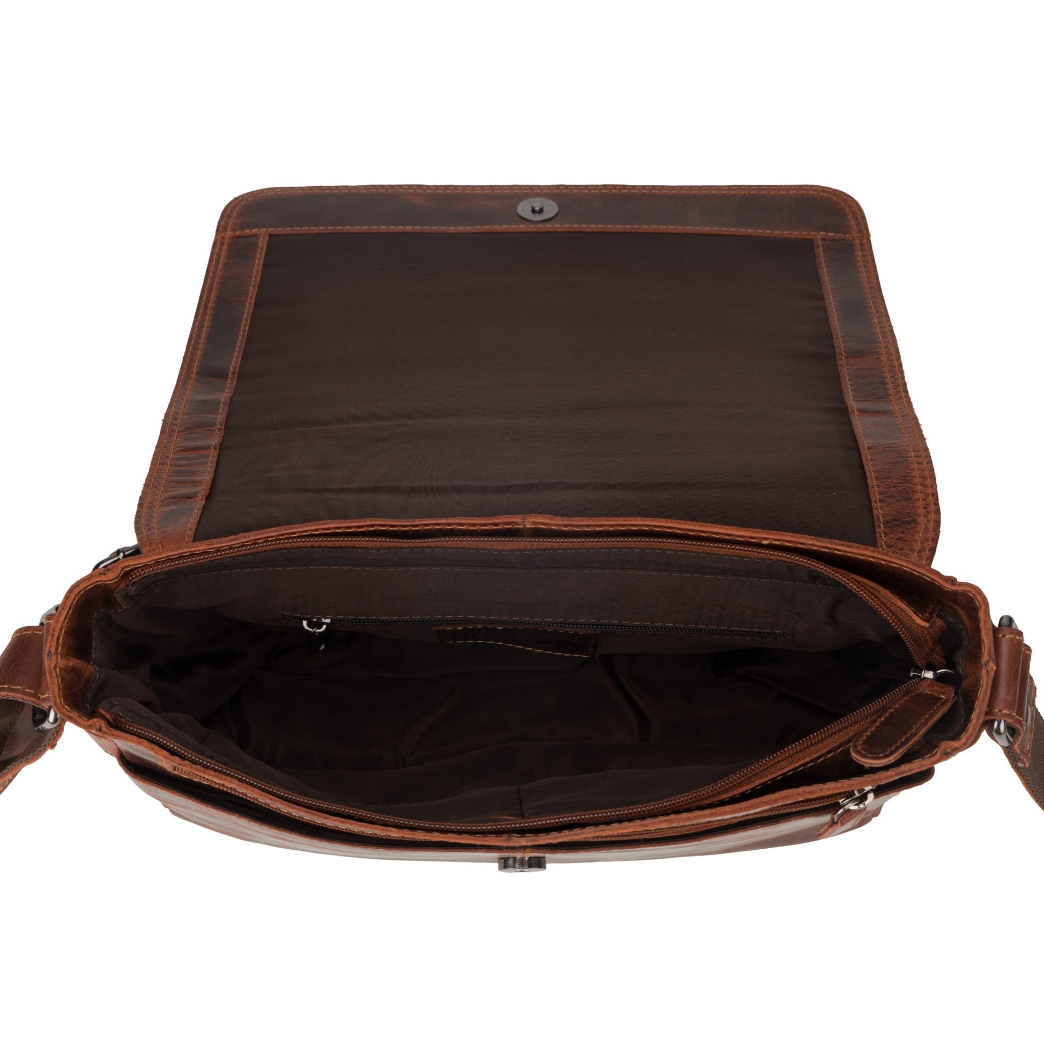 Minori Leather Austin unisex leather crossbody satchel bag in chestnut, 11-inch size, showcasing its classic design and sturdy strap.