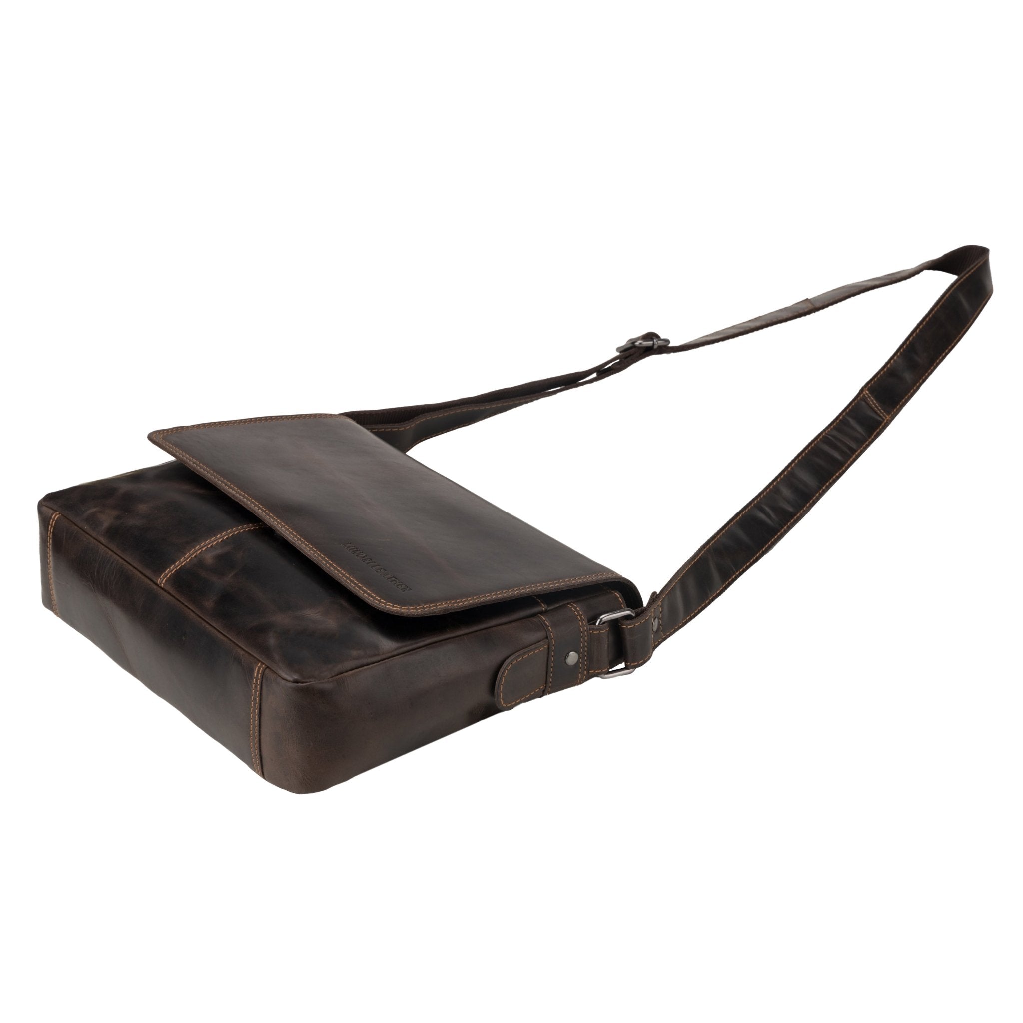 Brown Austin leather satchel bag by Minori Leather, 11-inch unisex crossbody bag with adjustable strap and classic design.