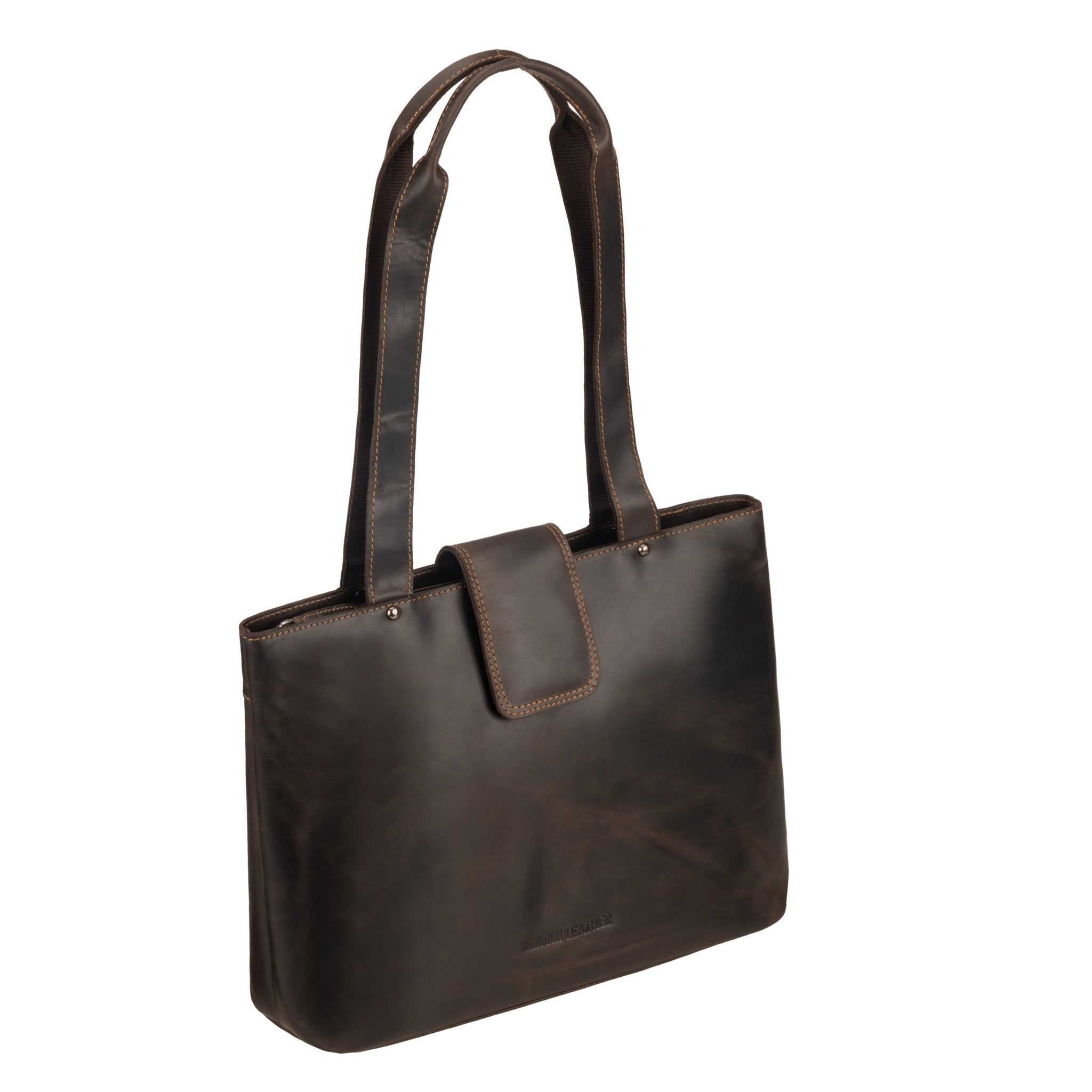 Minori Leather Everett brown leather tote bag with shoulder strap, spacious design and sleek finish.