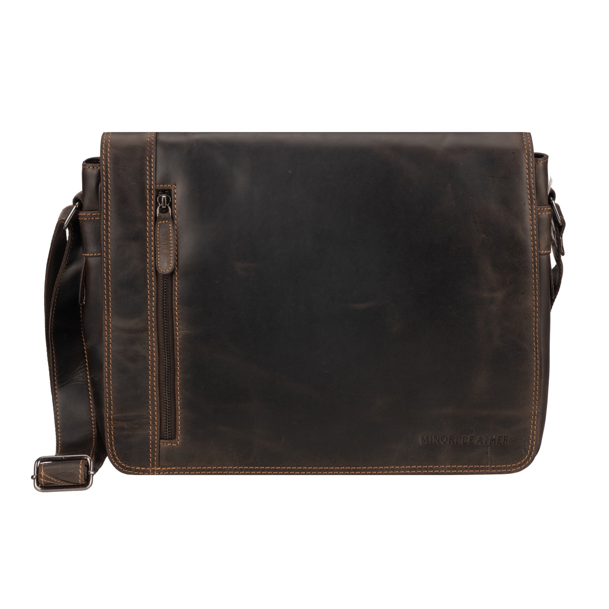 Minori Leather William full-grain leather messenger bag with adjustable strap, suitable for men and women, on a plain background.