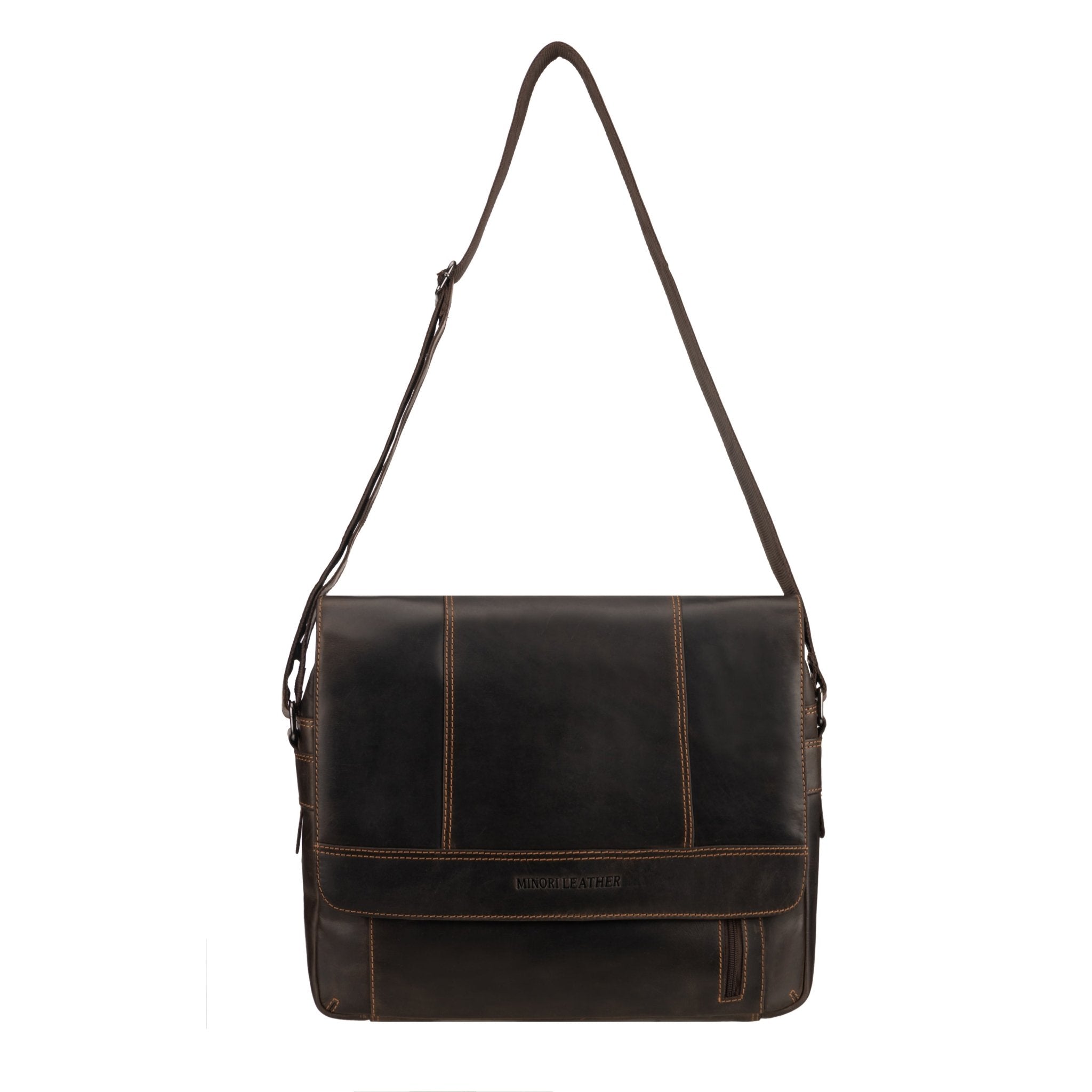 Brown Jordan leather messenger bag by Minori Leather with adjustable strap and spacious interior, stylish for everyday use.