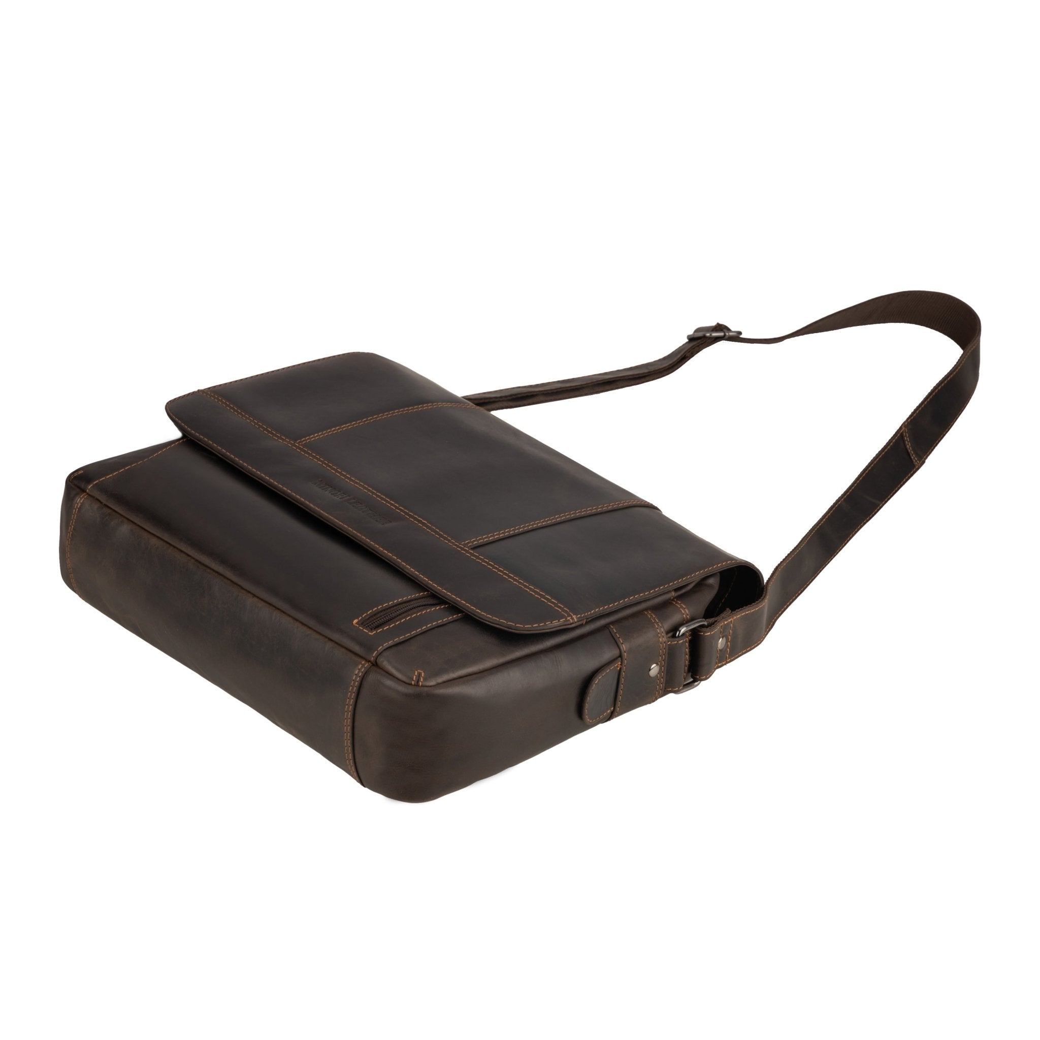 Brown Jordan leather messenger bag by Minori Leather, featuring a sleek design and adjustable shoulder strap.
