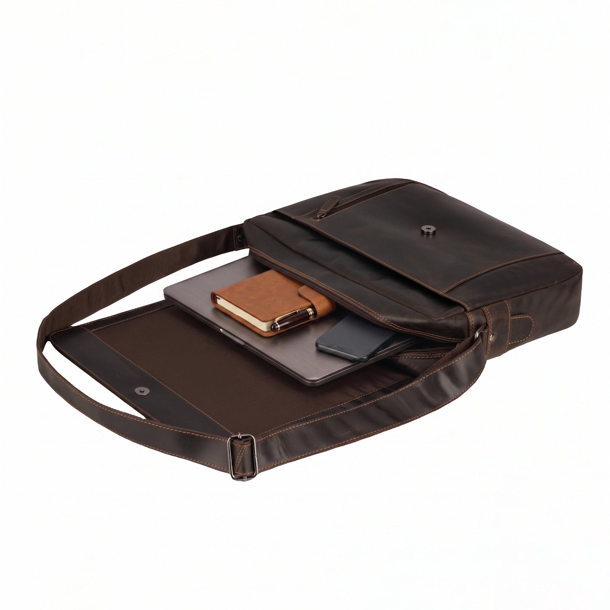 Brown Jordan leather messenger bag by Minori Leather with adjustable strap and front flap closure.