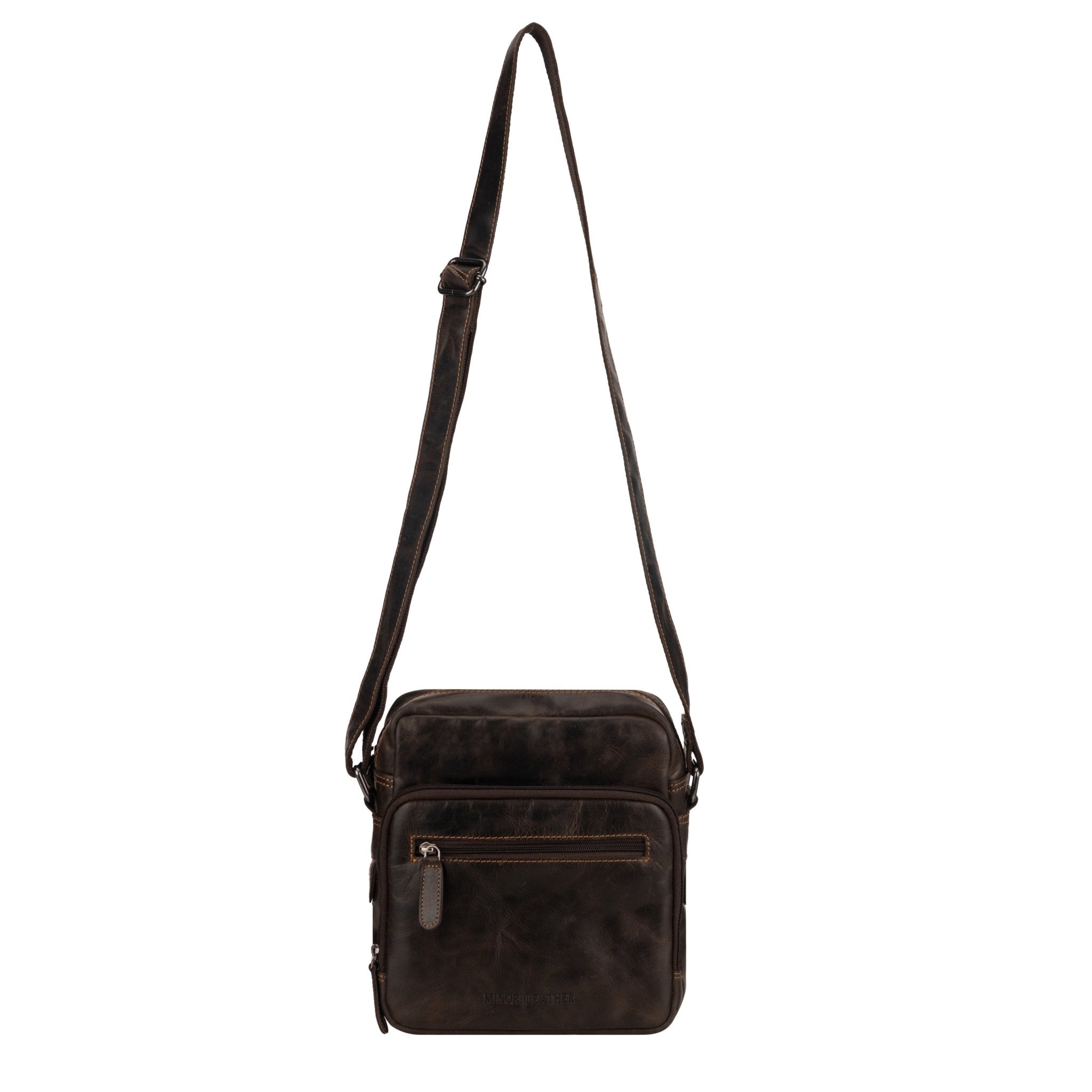 Minori Leather Harbor brown leather crossbody messenger bag with adjustable strap and sleek design.