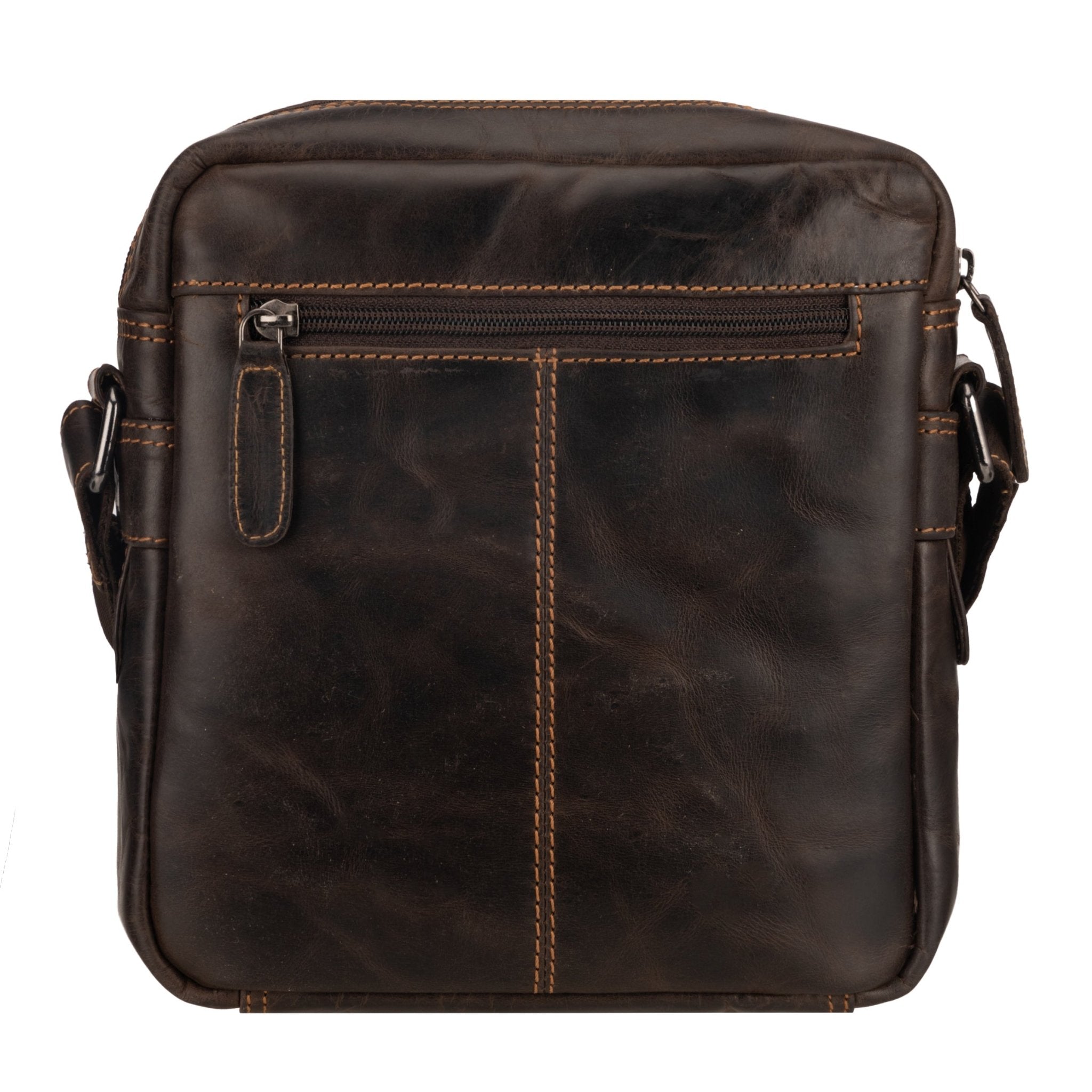 Minori Leather Harbor brown leather crossbody messenger bag with adjustable strap and front pocket.