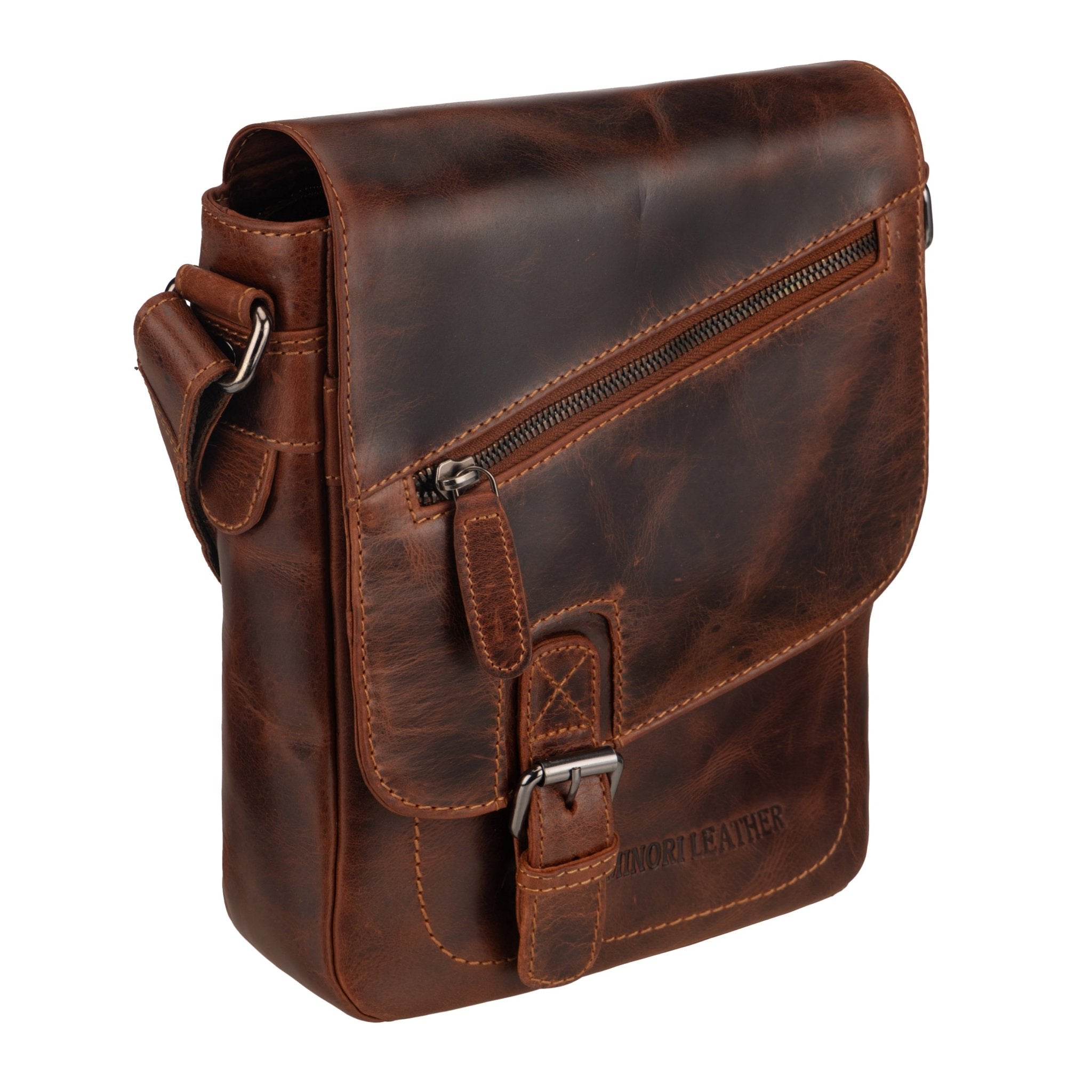 Minori Leather Dallas leather crossbody bag in chestnut with adjustable strap and sleek design.