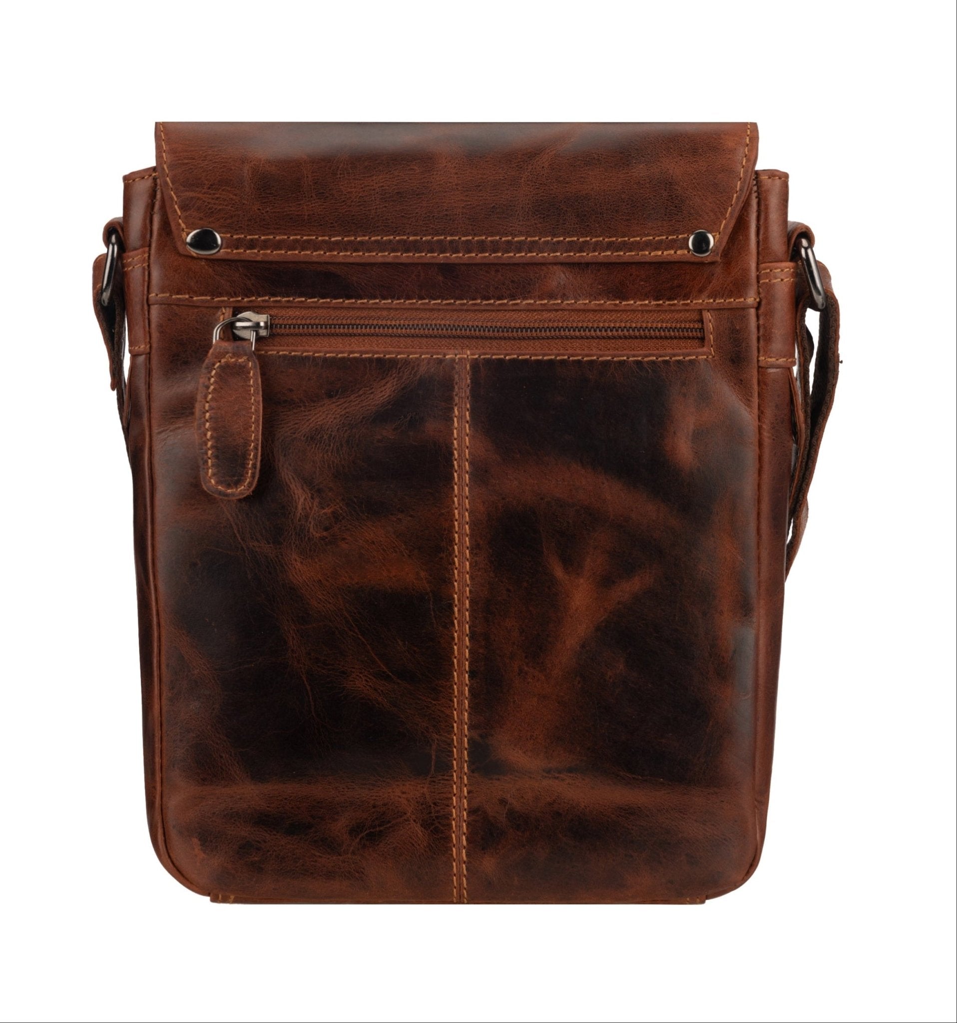 Minori Leather Dallas crossbody bag in chestnut leather with adjustable strap and front pocket, stylish and functional accessory.