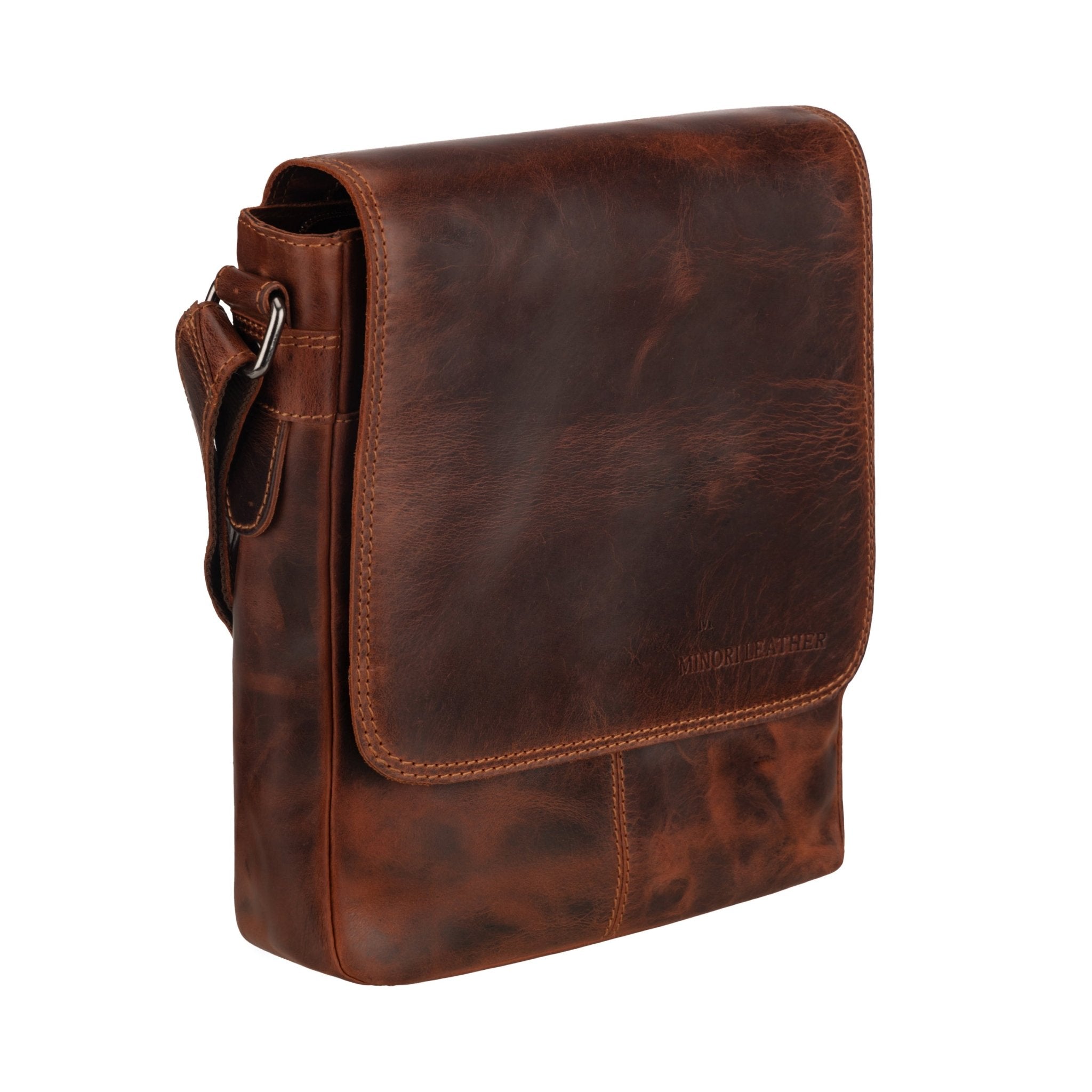 Minori Leather Halifax leather crossbody bag in chestnut with adjustable strap and sleek design.