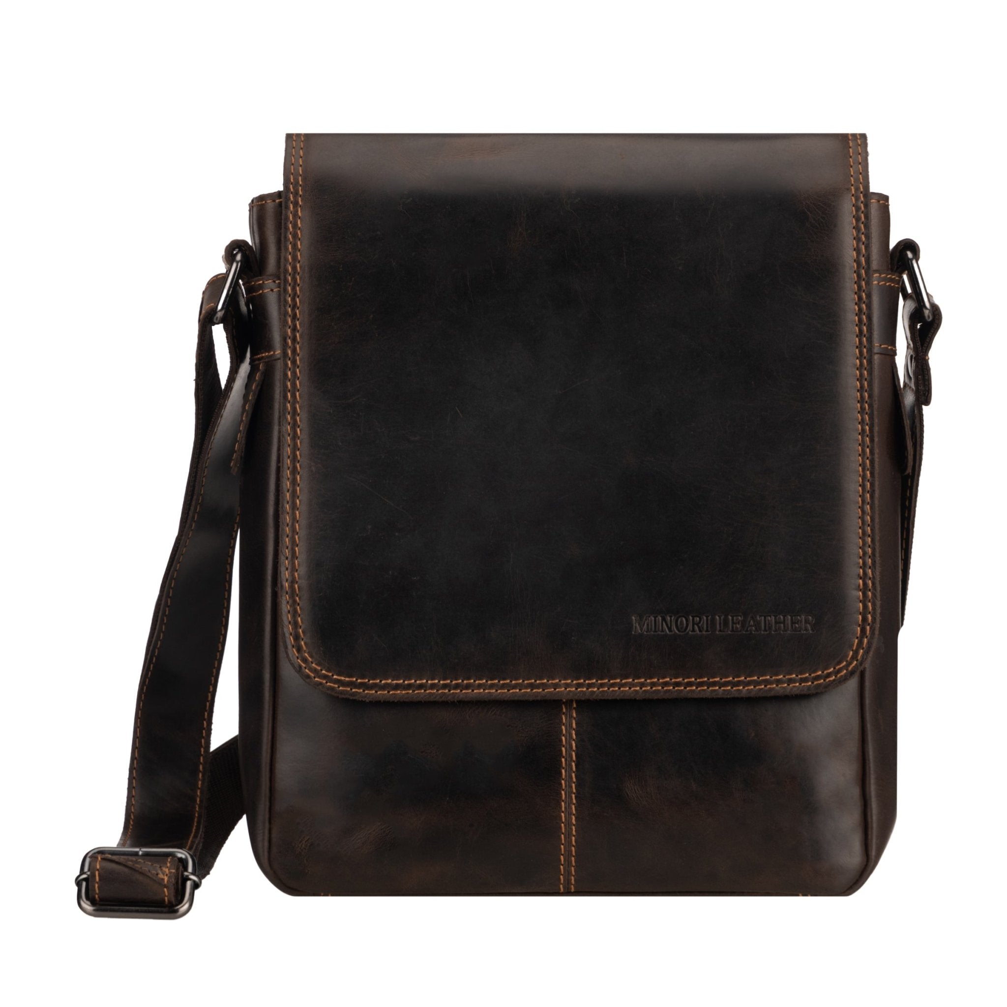 Minori Leather Halifax brown leather crossbody bag with adjustable strap and minimalist design, suitable for everyday use.