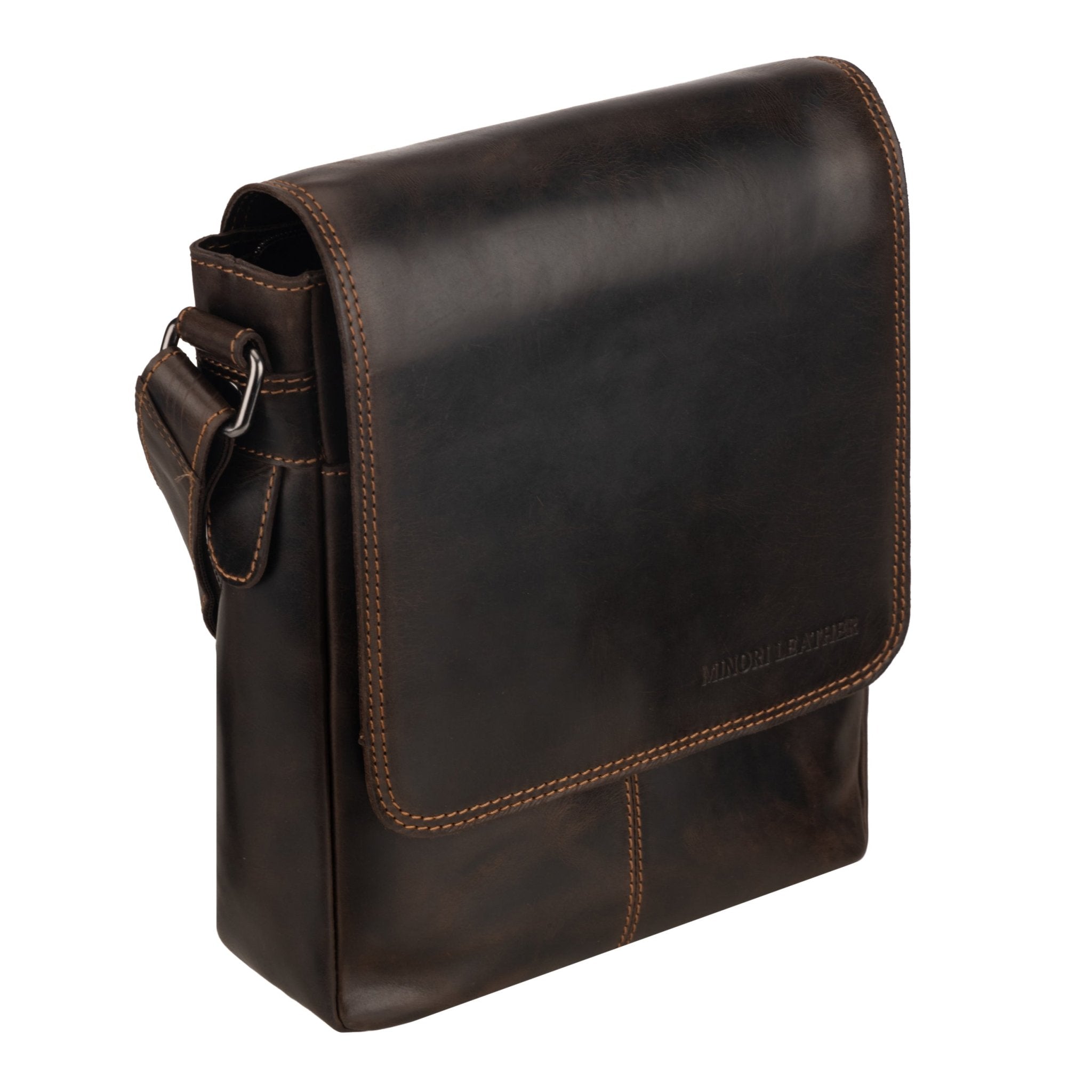 Brown Minori Leather Halifax Crossbody Bag featuring a sleek design and adjustable strap, perfect for everyday use.