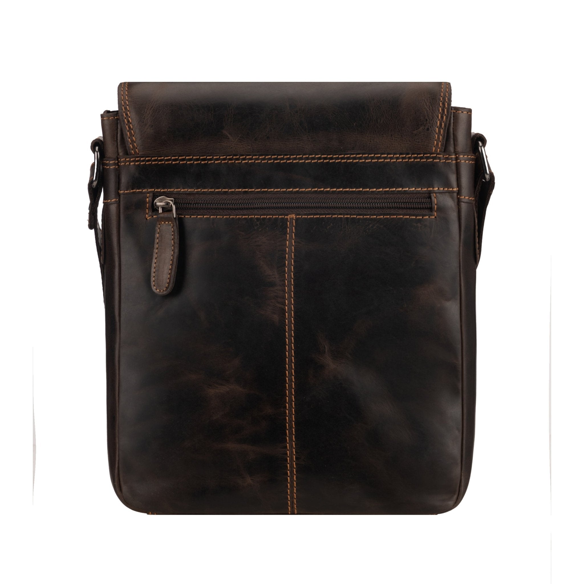 Minori Leather Halifax brown leather crossbody bag with adjustable strap and front pocket, stylish and compact for everyday use.