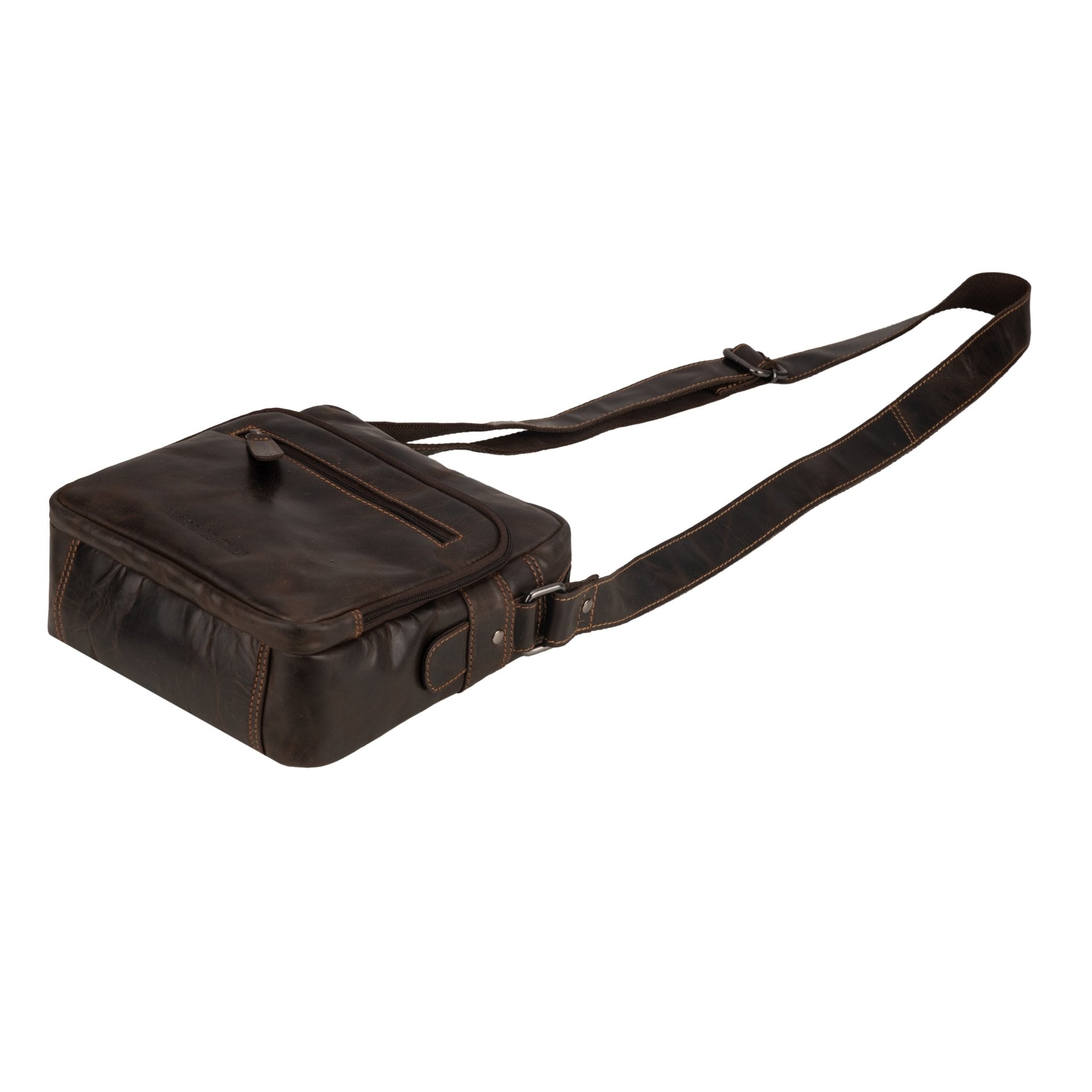 Minori Leather Harbor brown leather crossbody messenger bag with adjustable strap and front pocket.