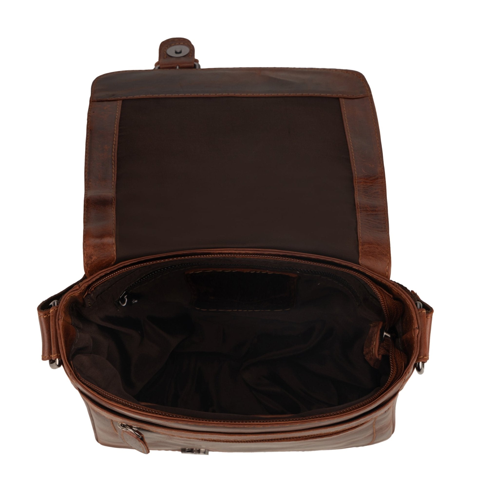 Minori Leather Dallas Leather Crossbody Bag in chestnut color, featuring adjustable strap and sleek design.