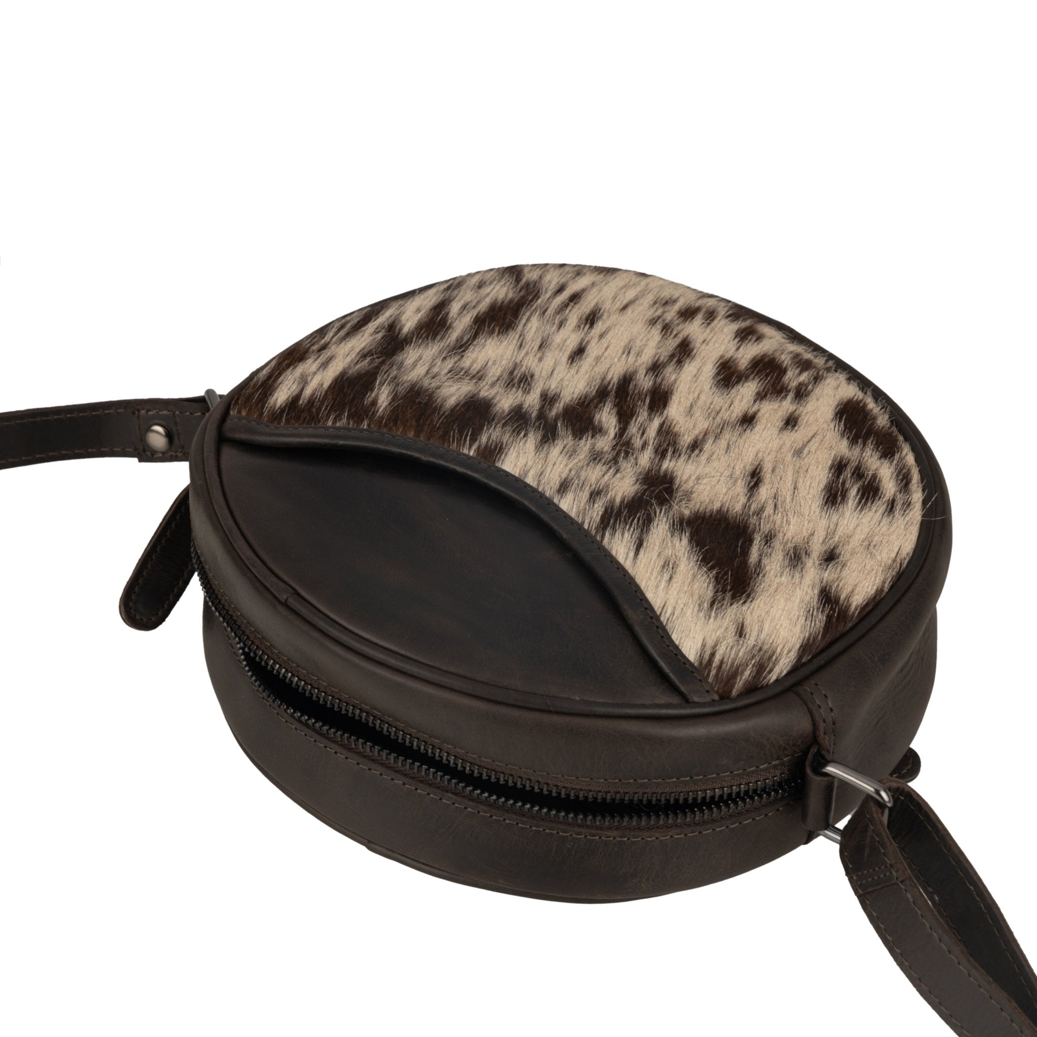 Minori Leather Luna round crossbody bag for women in chestnut and hair-on brown leather, featuring a stylish, compact design.