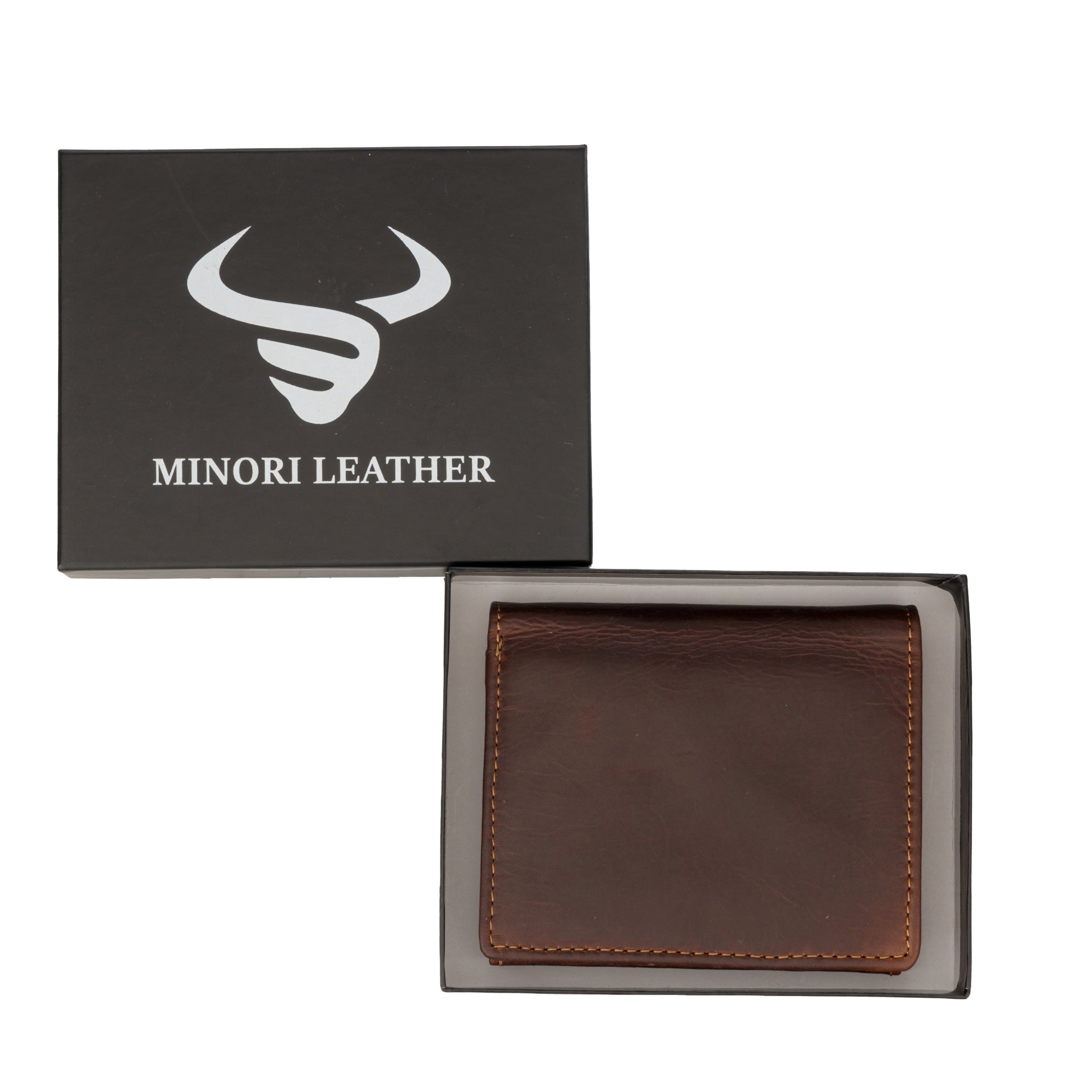Chestnut Minori leather wallet neatly placed inside an open black gift box with the Minori Leather logo and branding on the lid.
