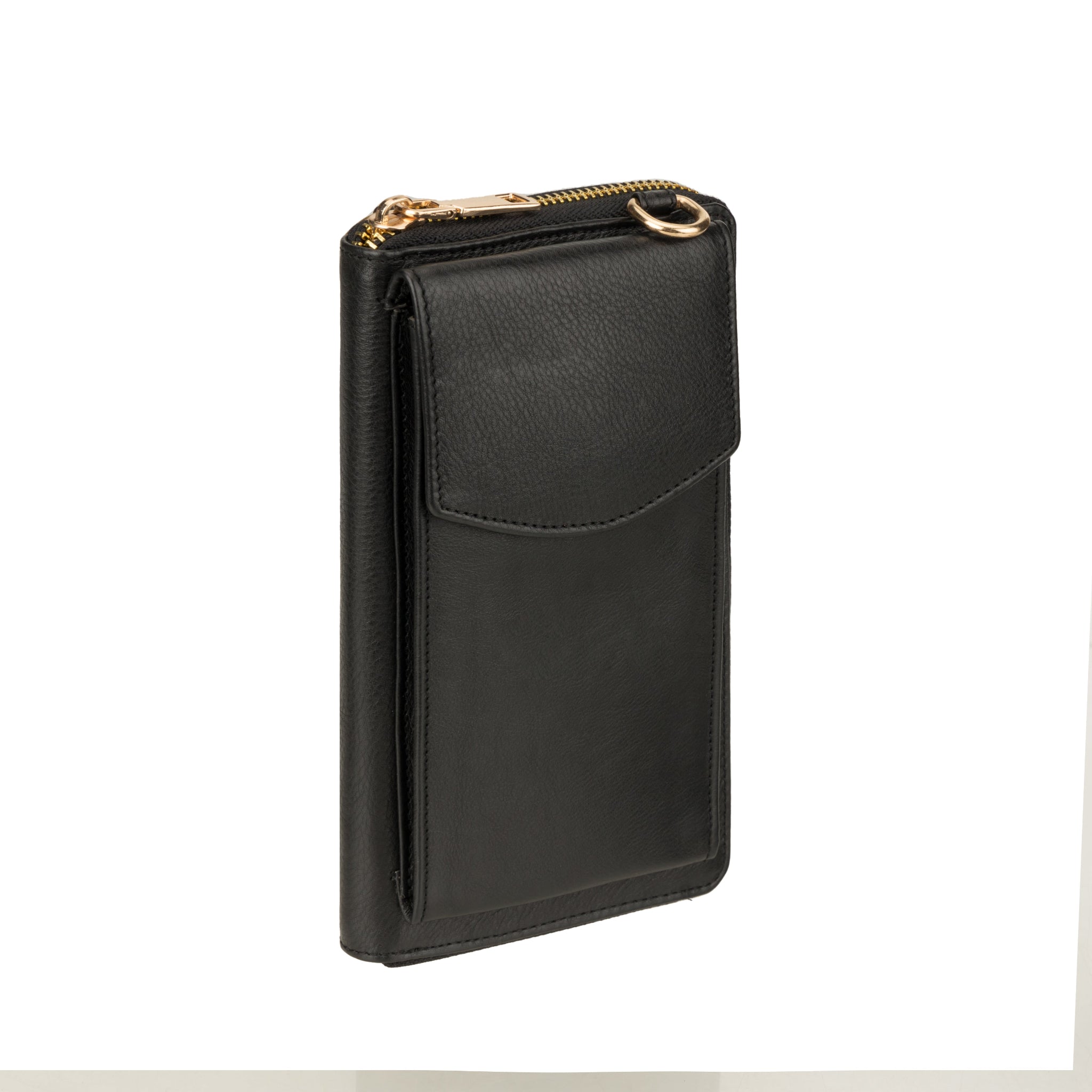 Angled side view of Black Minori  leather wallet bag showing curved flap and slim profile.