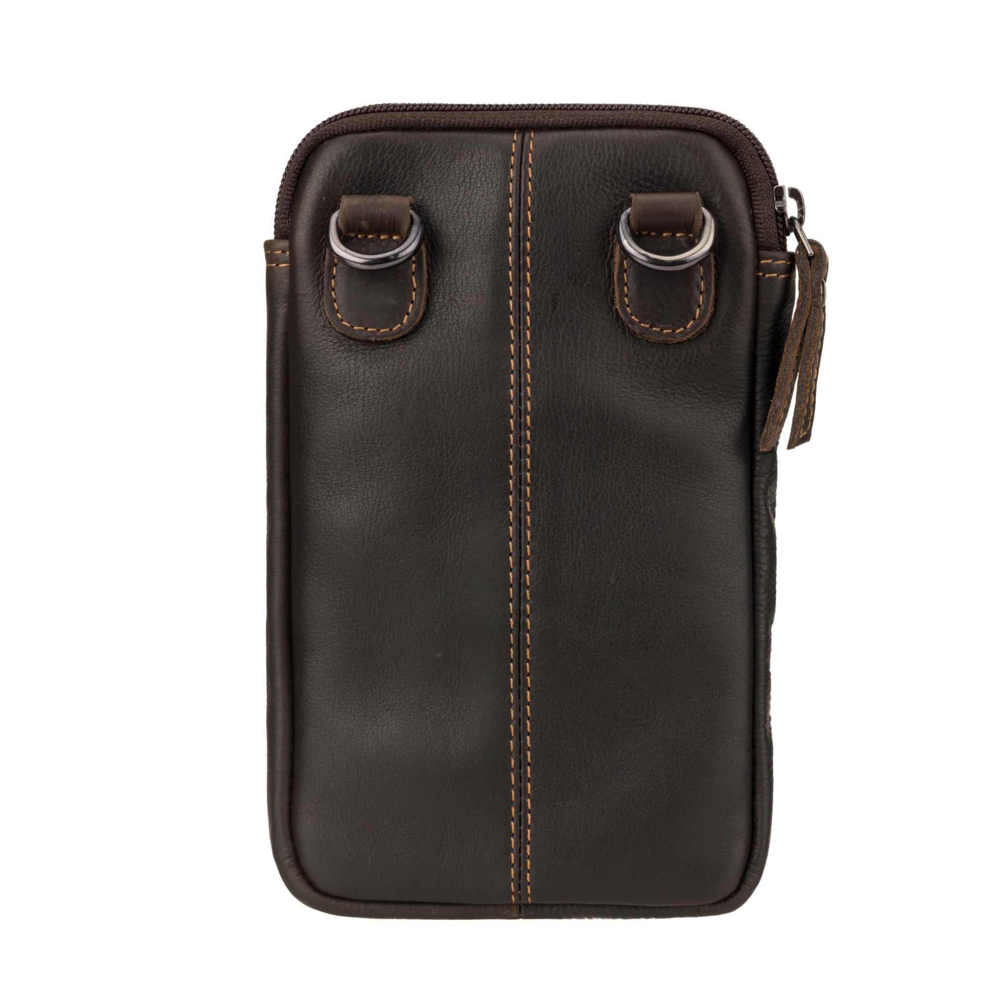 Back view of the brown Minori leather mobile sling bag showing stitched centerline and two metal D-rings for strap attachment.