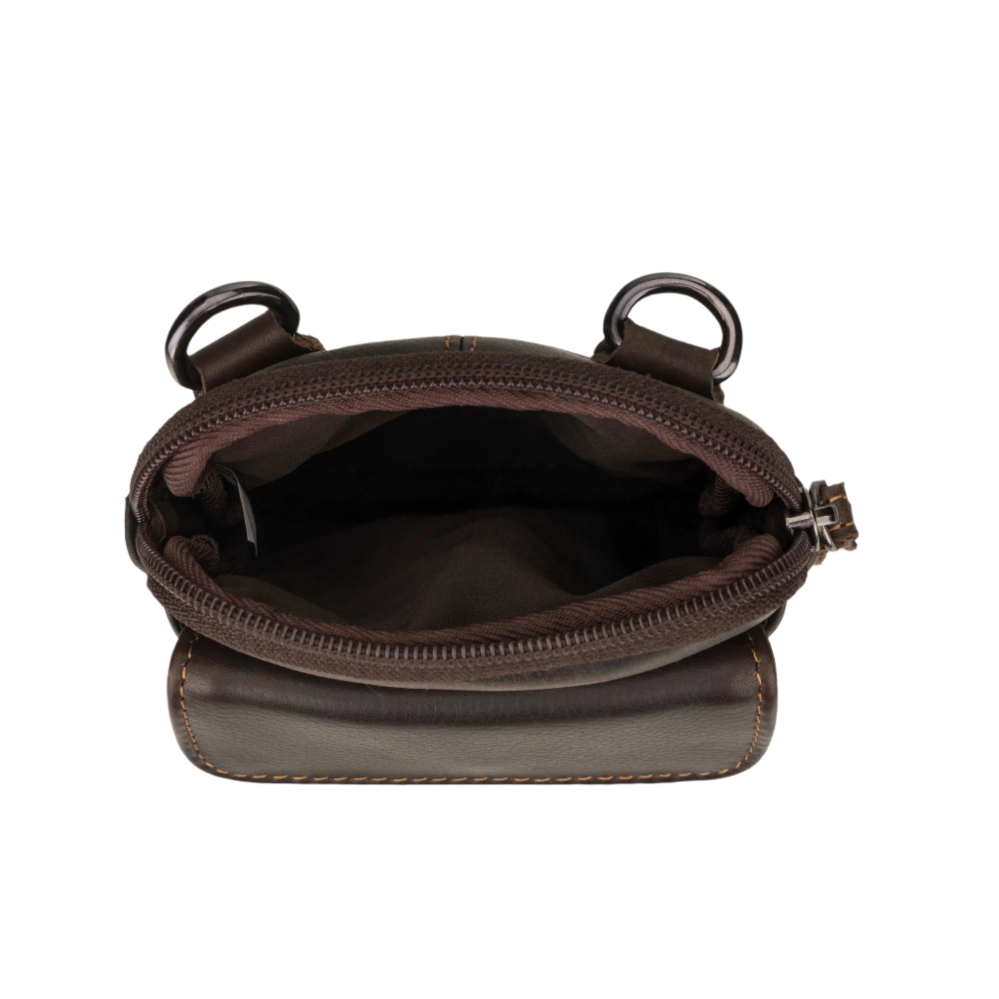 Top-down view of the open brown Minori leather sling bag revealing its single spacious compartment with fabric lining.