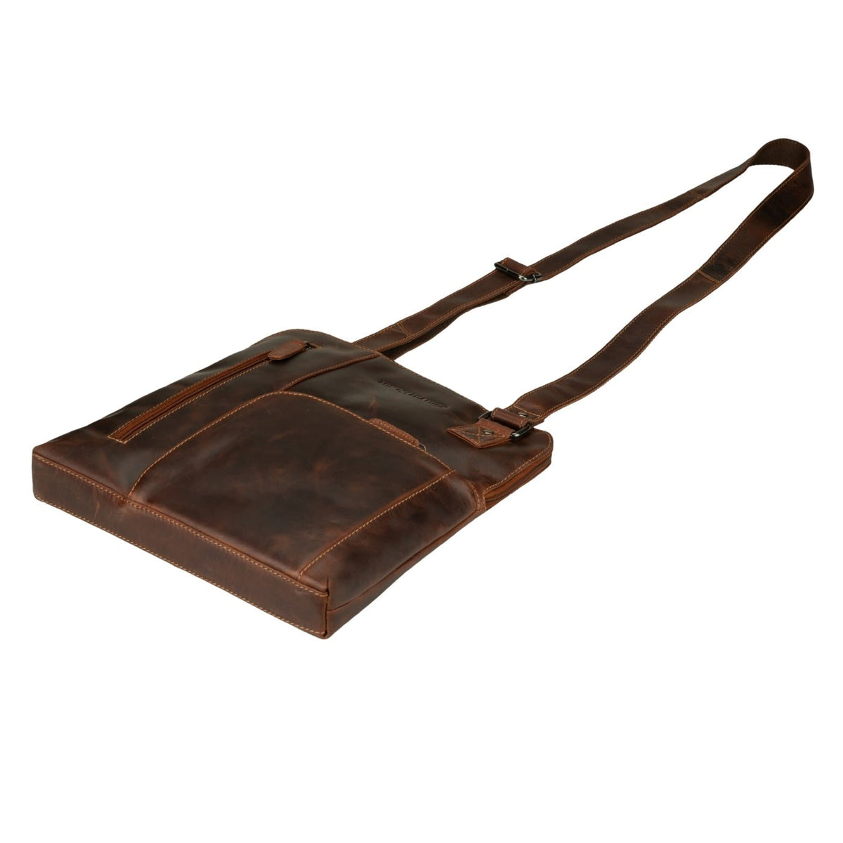 Minori Leather Ryder unisex leather shoulder bag in chestnut color with adjustable strap and sleek design.