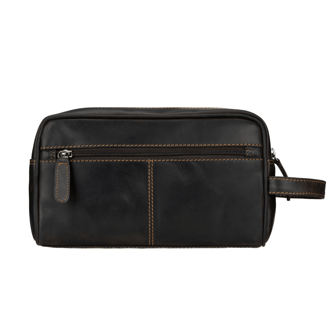 Brown Minori Leather men's toiletry bag with premium leather finish, compact travel accessory for grooming essentials.