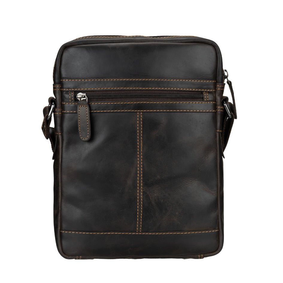 Brown Denver Leather Crossbody Bag by Minori Leather, unisex design with adjustable strap and sleek leather finish.