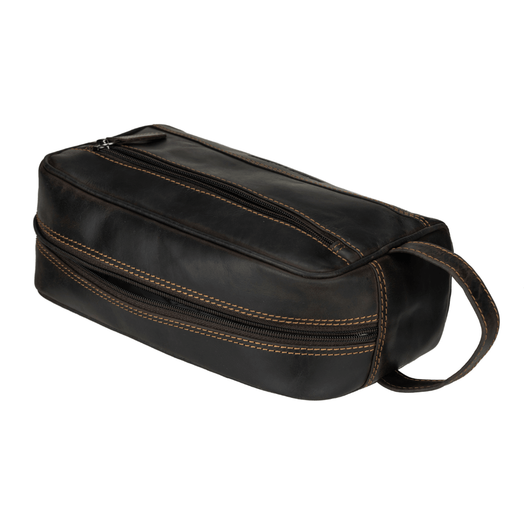 Brown Minori Leather toiletry bag for men with a sleek, premium leather design and compact storage for travel essentials.